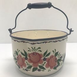 Cottage Vintage 1960's Larege Pot With Wood Handle Hand Painted Kitchen Garden Cottage Farm  9x6"