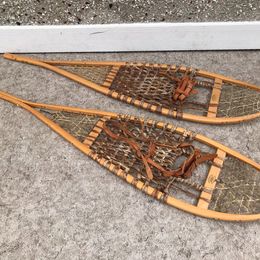 Grandma Traditional Vintage Wooden Snowshoes 1950's FABER 48" Rawhide LoretteVille Quebec Hand Made