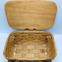 Grandma Antique Wood Rattan Large Picnic Basket Painted Lid 1950's Excellent Condition 18x12x10"