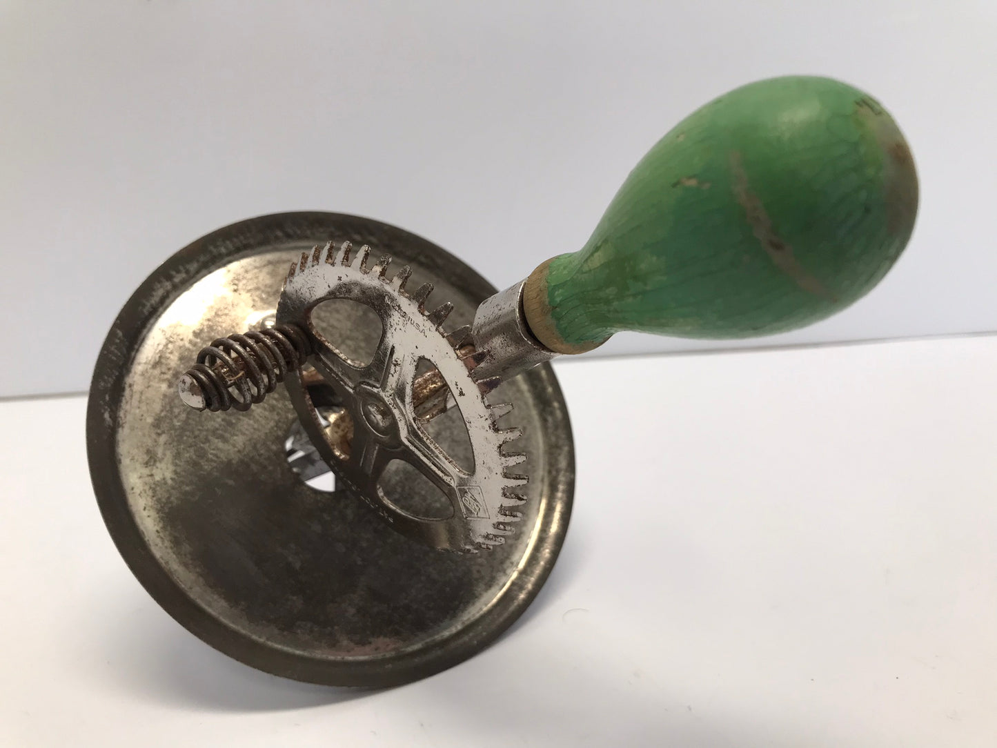 Antique A&J Metal Egg Beater Mixer Splash Guard Green Wood Handle USA Rare