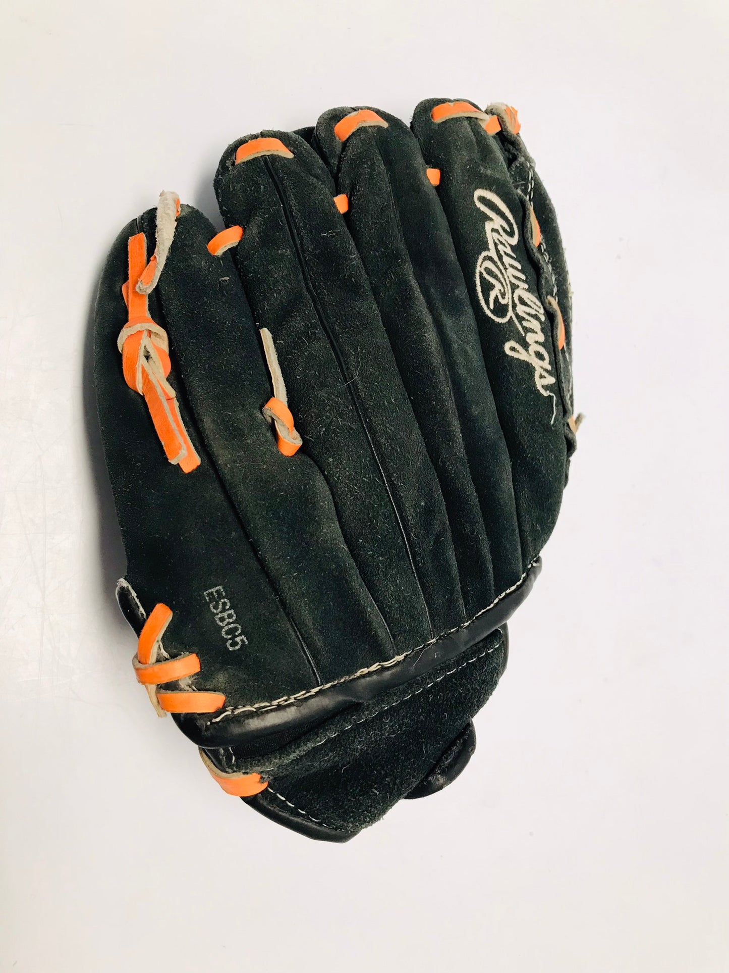 Baseball Glove Child Size 10.5 Rawlings Black Orange Leather Suade Fits Left Hand
