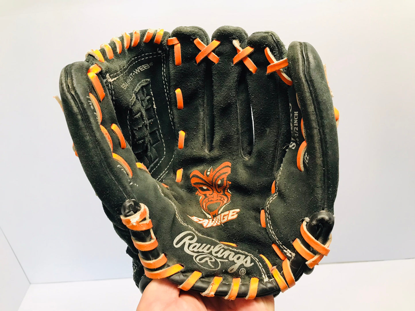 Baseball Glove Child Size 10.5 Rawlings Black Orange Leather Suade Fits Left Hand