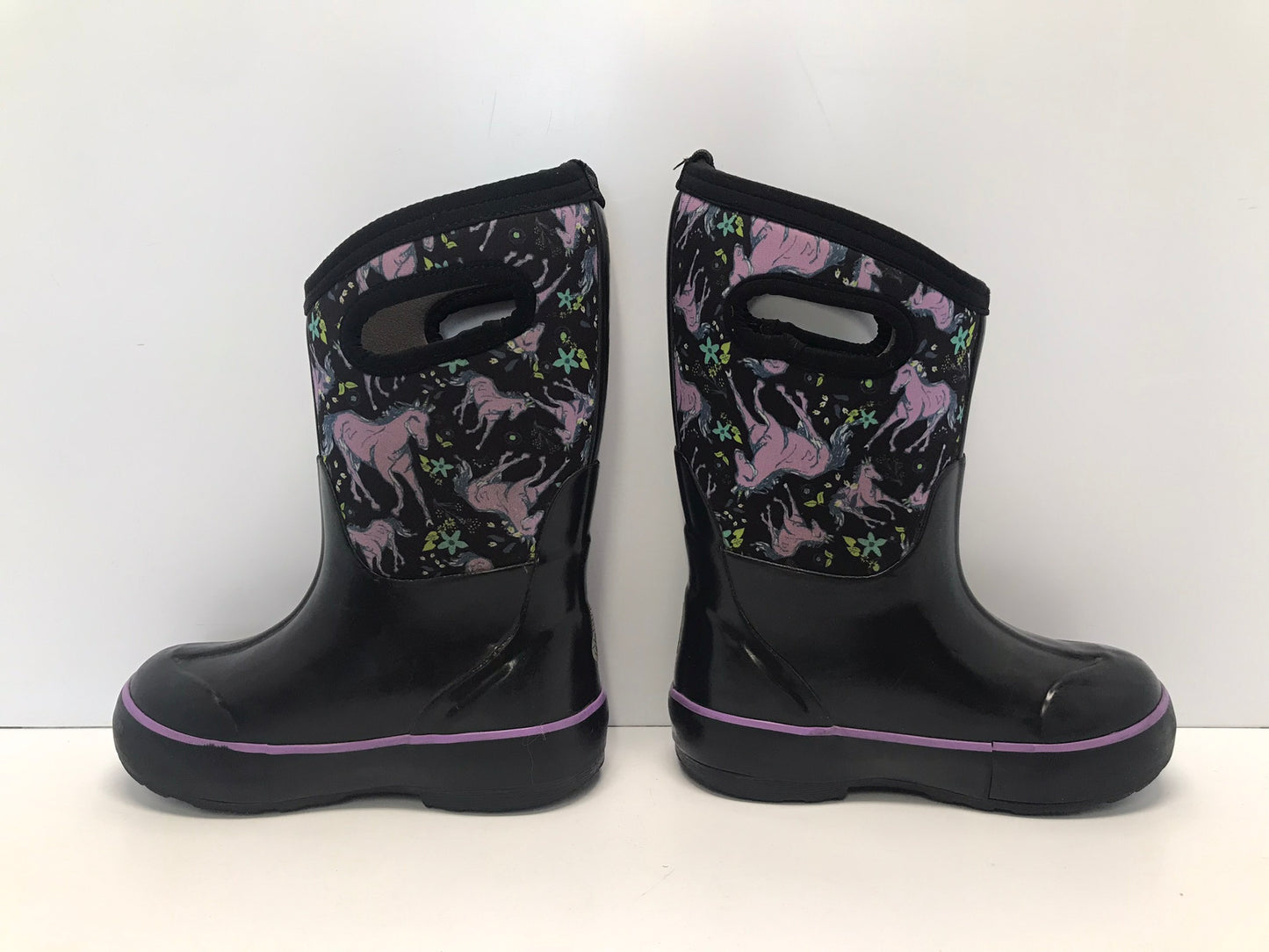 Bogs Brand Child Size 11 Black Purple Unicorns to - 30 degree Rain Winter Excellent