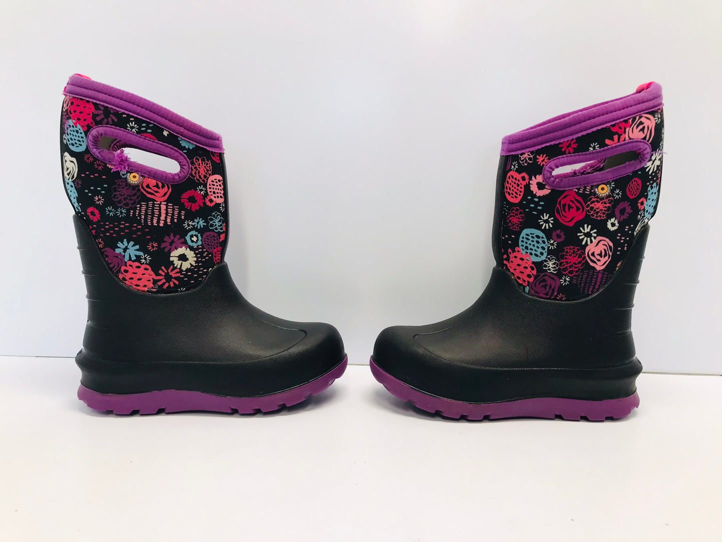 Bogs Brand Child Size 12 Black Purple Flowers to - 30 degree Rain Winter Excellent
