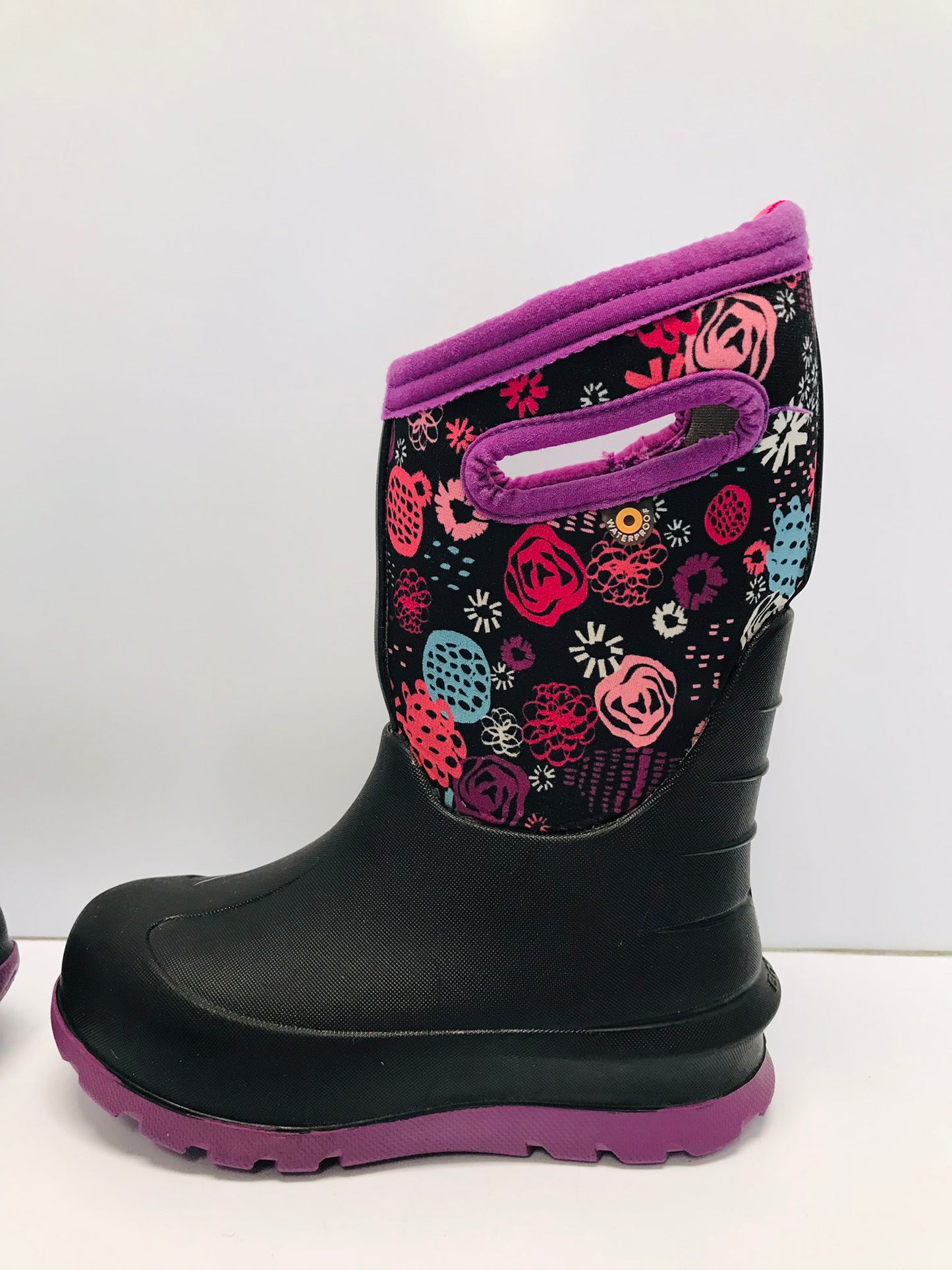 Bogs Brand Child Size 12 Black Purple Flowers to - 30 degree Rain Winter Excellent