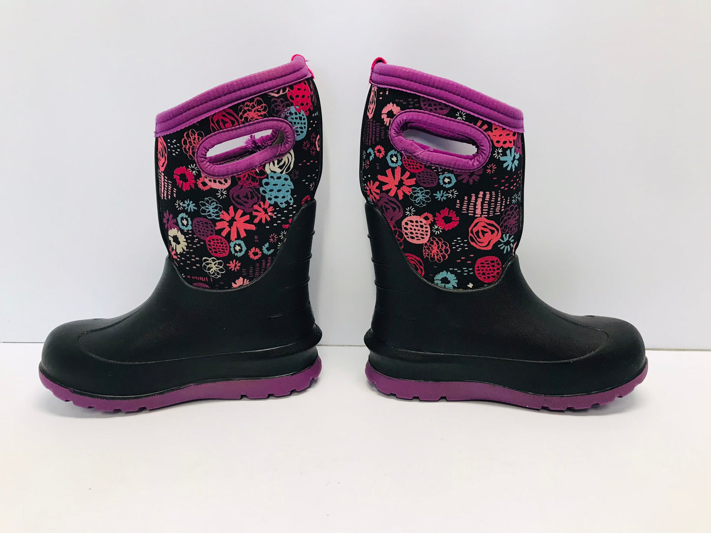 Bogs Brand Child Size 12 Black Purple Flowers to - 30 degree Rain Winter Excellent