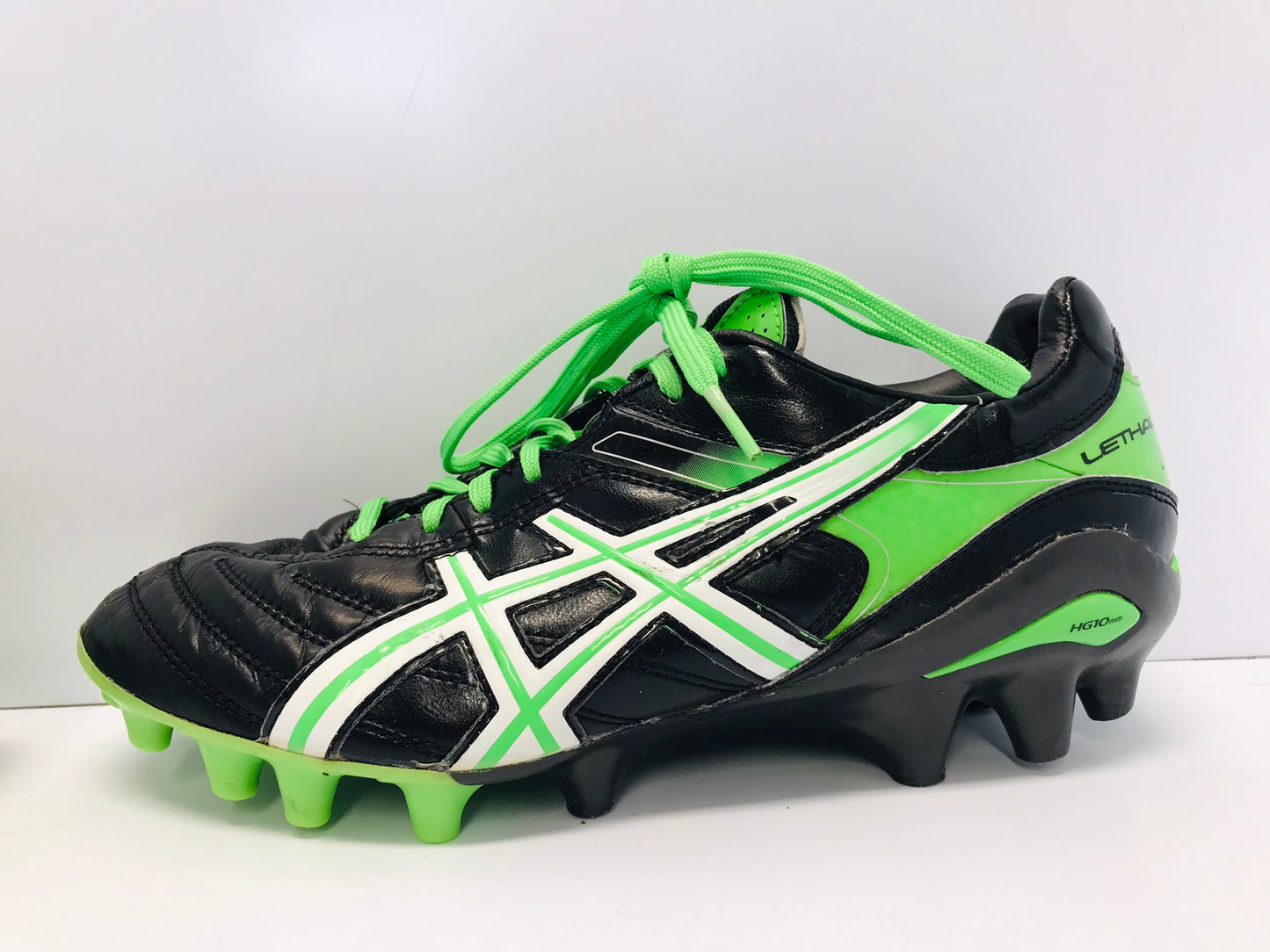 Football Rugby Soccer Shoes Cleats Men's 7.5 Asics Leather Black Green Excellent