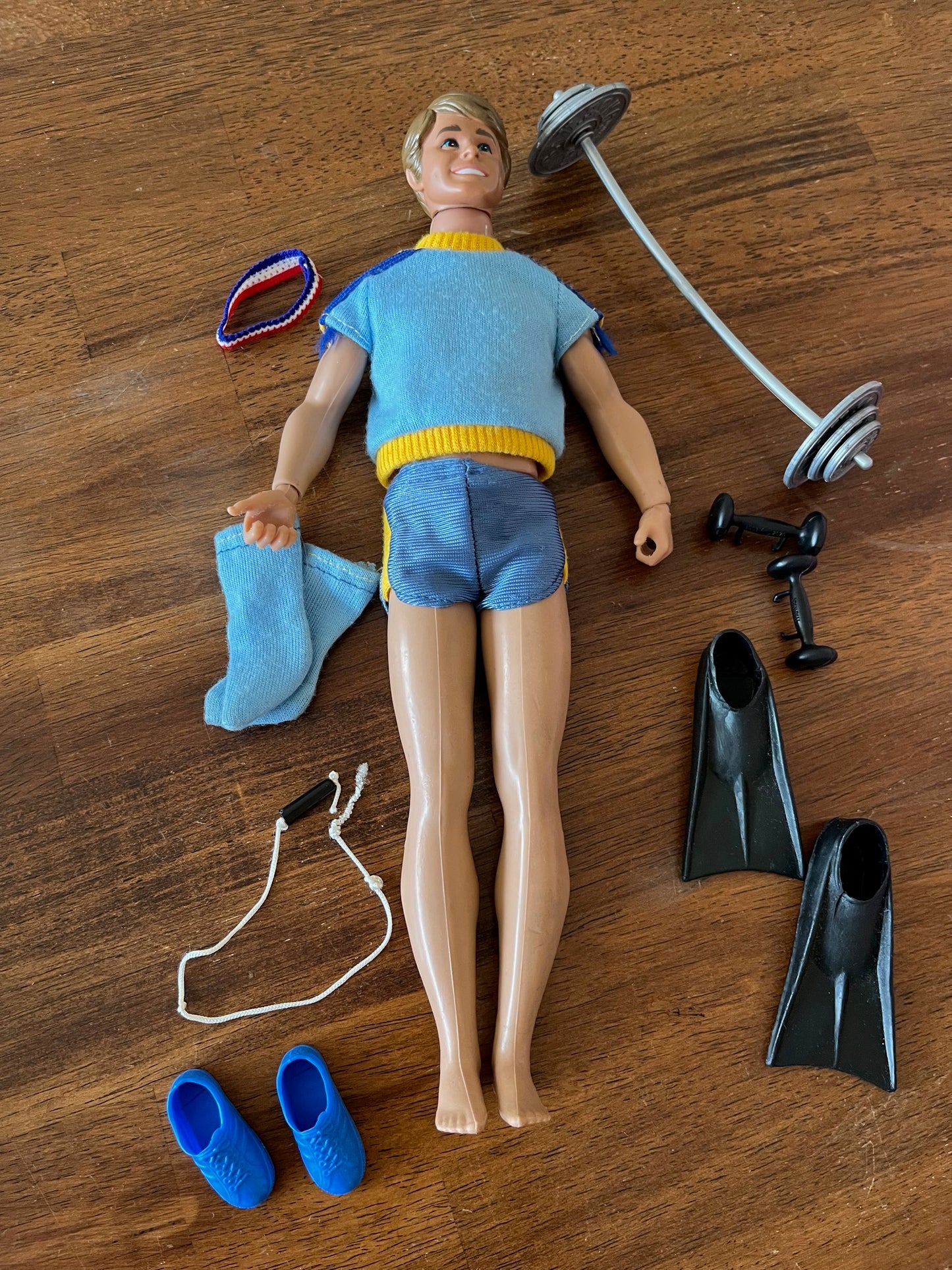Vintage 1968 Stamped Ken Barbie Doll With Work Out Weight Set And Sports Gear