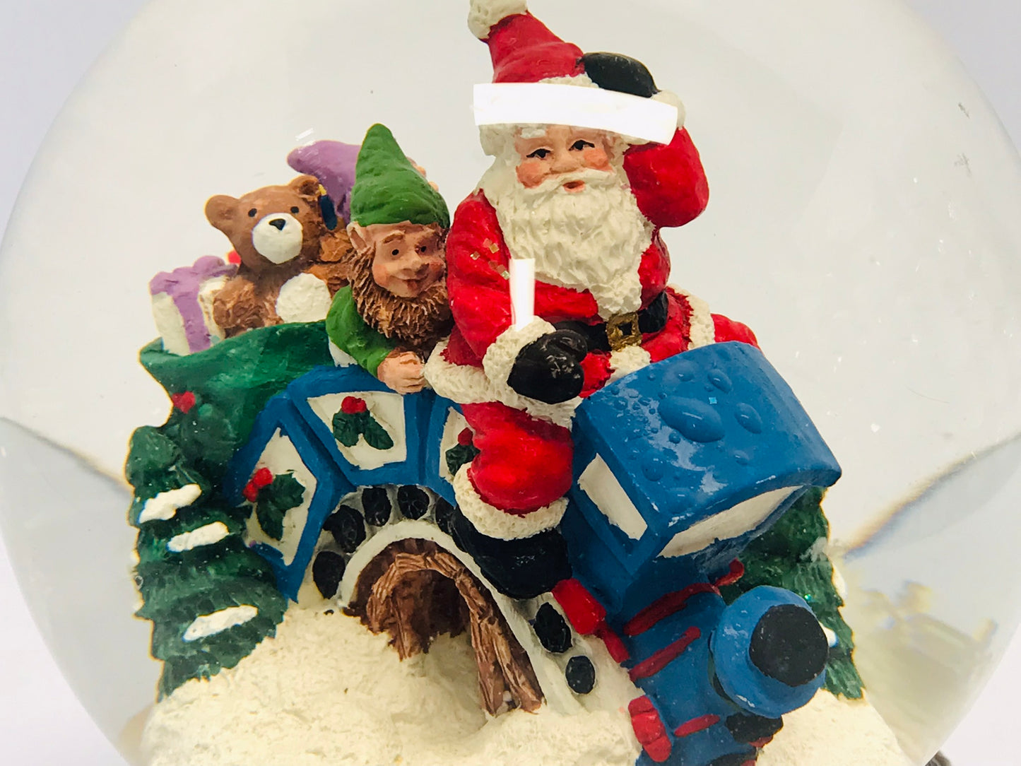 Christmas Ornaments Large Musical Snow Globe With Santa and his Elf on The Christmas Train Express Like New 9x7" Heavy and Well Made
