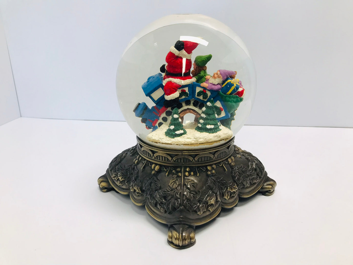 Christmas Ornaments Large Musical Snow Globe With Santa and his Elf on The Christmas Train Express Like New 9x7" Heavy and Well Made