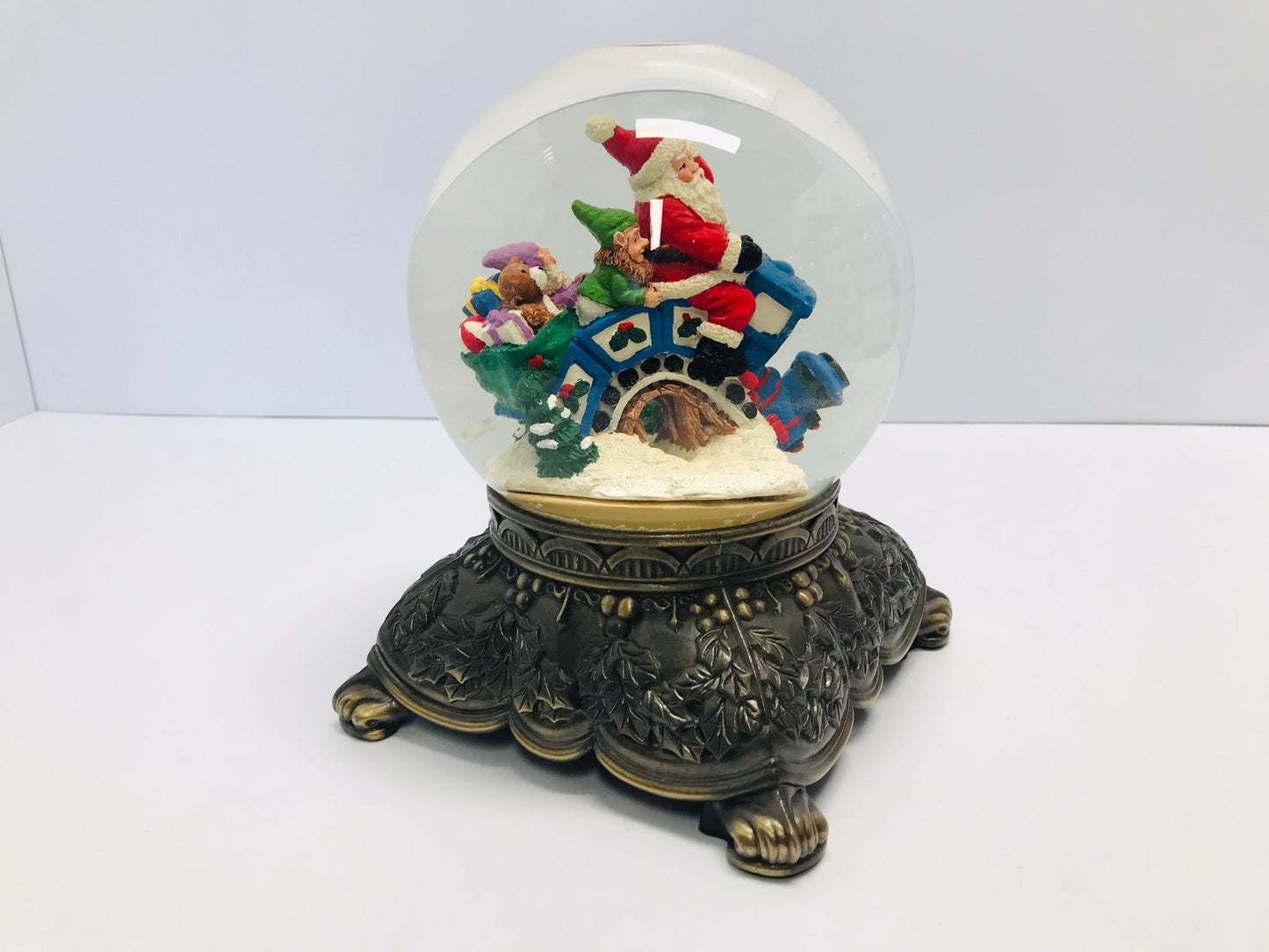 Christmas Ornaments Large Musical Snow Globe With Santa and his Elf on The Christmas Train Express Like New 9x7" Heavy and Well Made