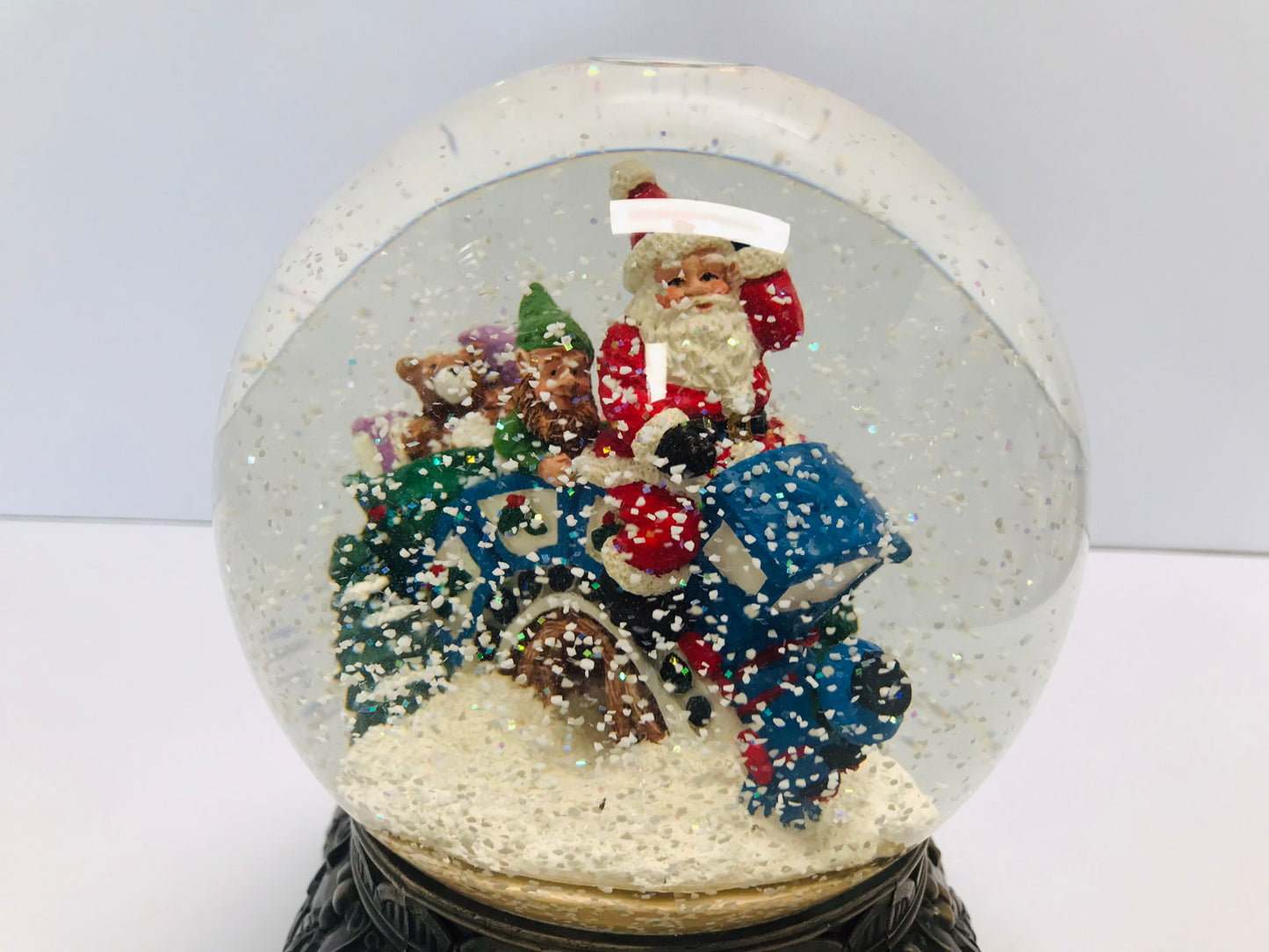 Christmas Ornaments Large Musical Snow Globe With Santa and his Elf on The Christmas Train Express Like New 9x7" Heavy and Well Made