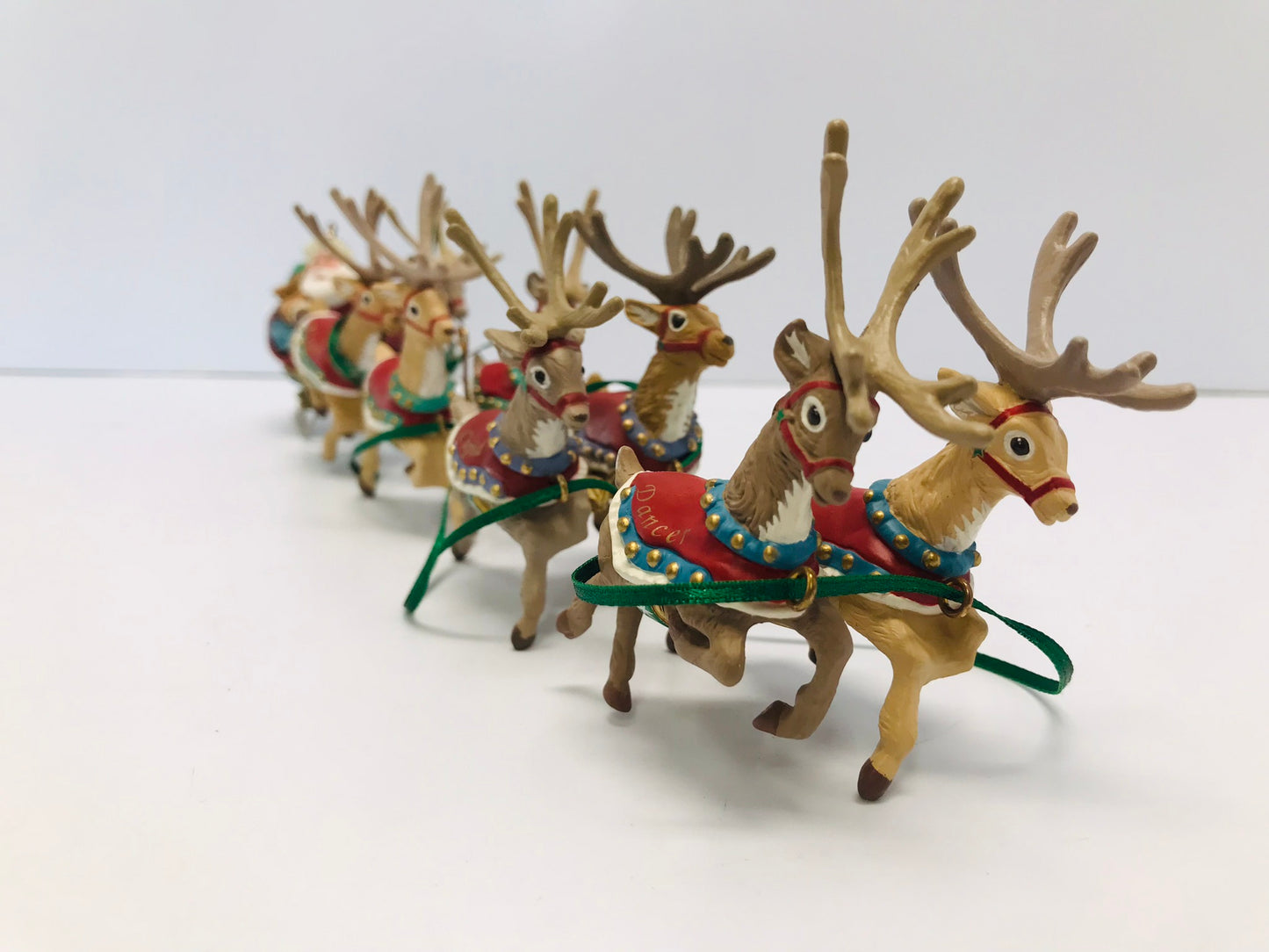 Christmas Ornaments Santa and His Team Of Reindeers 14" long Genly Used