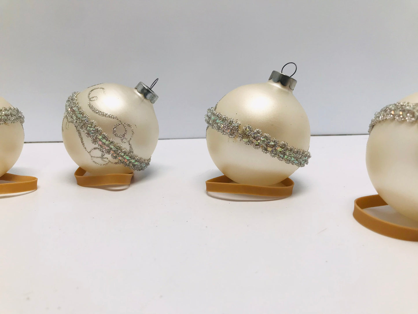 Christmas 6 Tree Ball Ornaments Vintage White Silver Bling Glam and Glitter