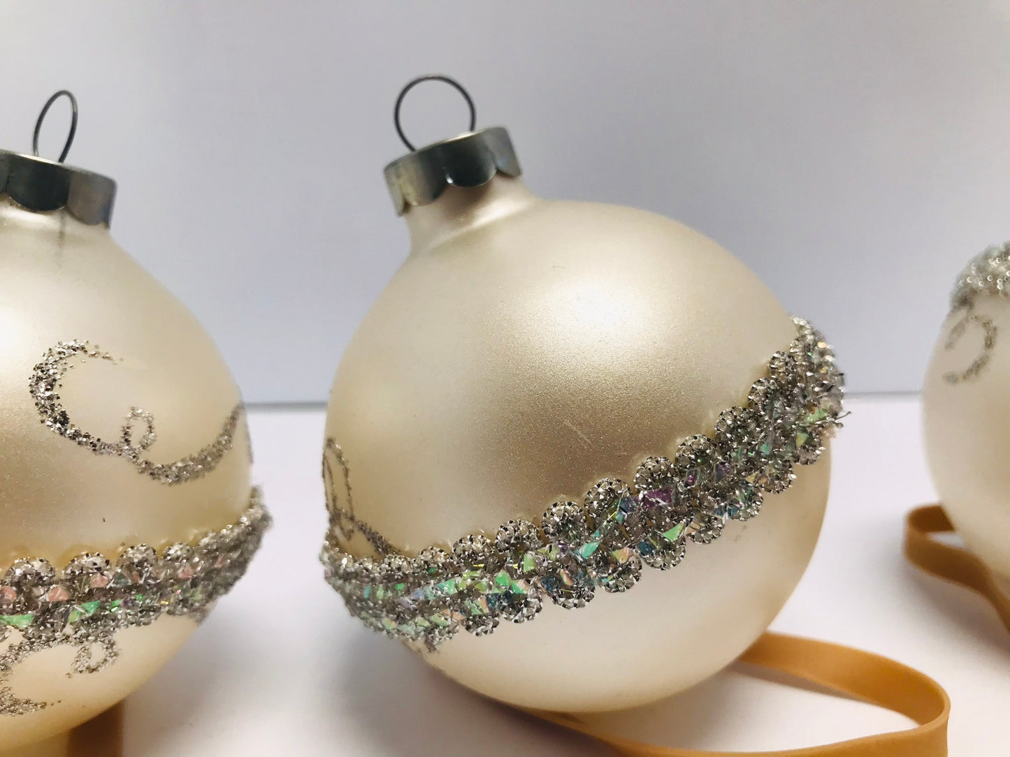 Christmas 6 Tree Ball Ornaments Vintage White Silver Bling Glam and Glitter