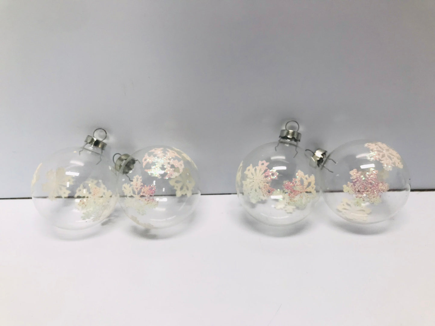 Christmas 4 Tree Ball Ornaments Vintage White Pink Glitter Snowflakes
