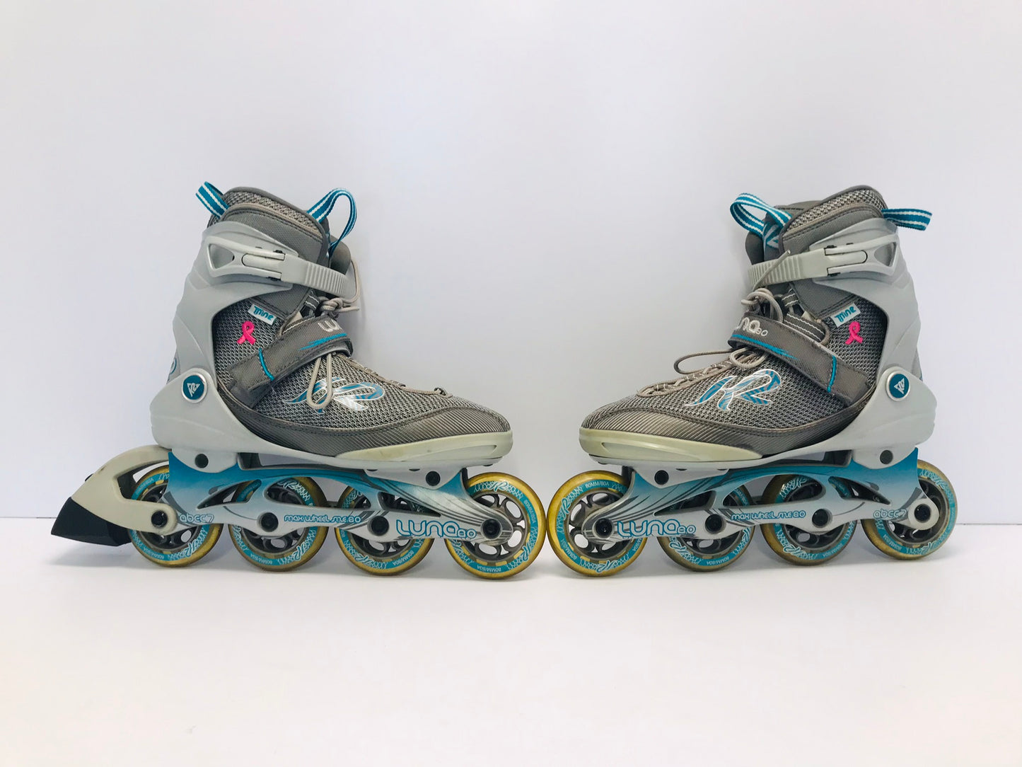 Inline Roller Skate Ladies Size 8 K-2 Blue Teal Grey Rubber Wheels Excellent