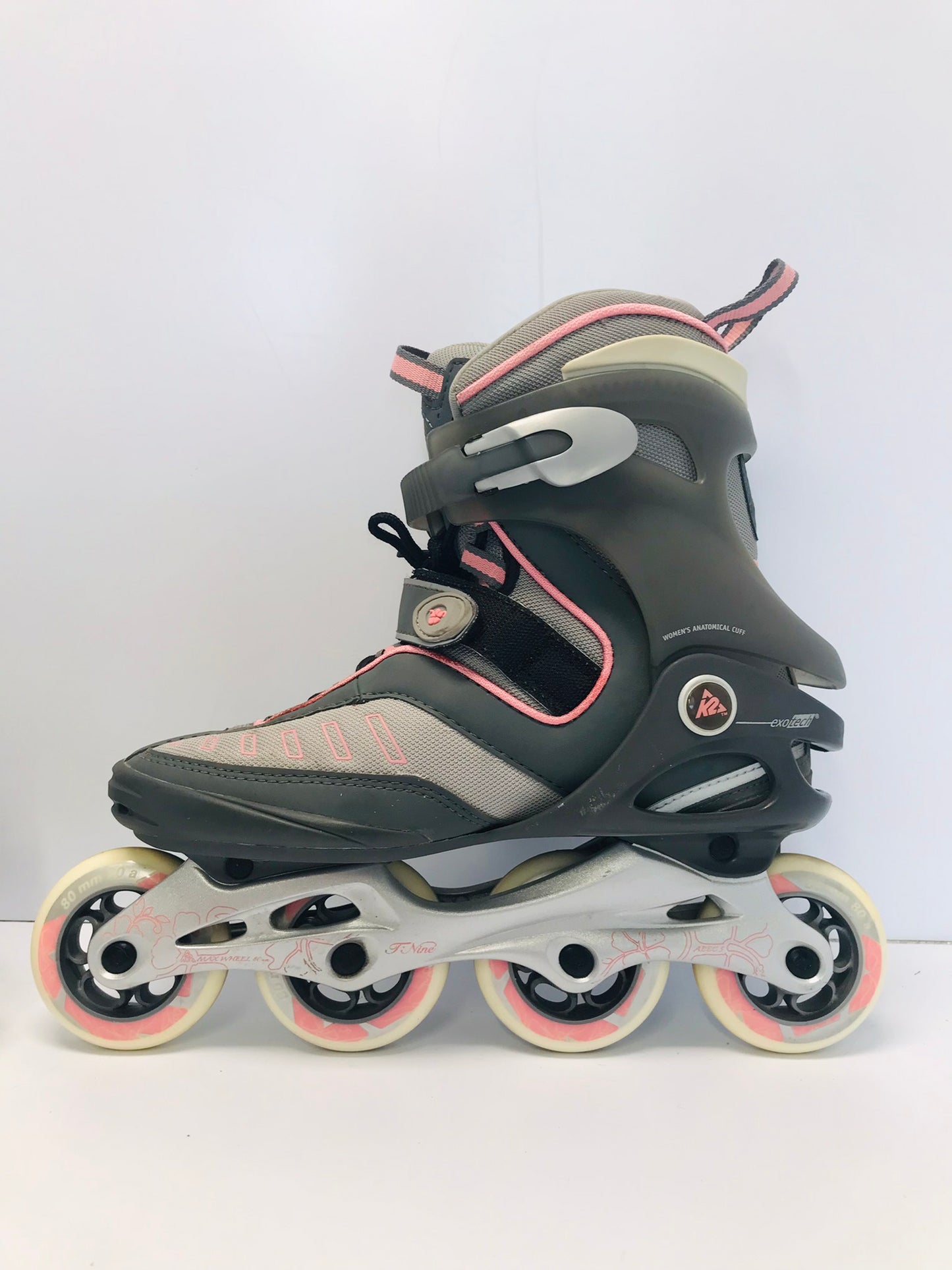 Inline Roller Skates Ladies Size 9 K-2 Grey Pink Rubber Wheels Excellent