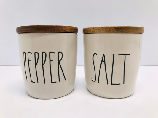 RAE DUNN Kitchen 2 pc Salt Pepper Wood Tops Hold 1 cup