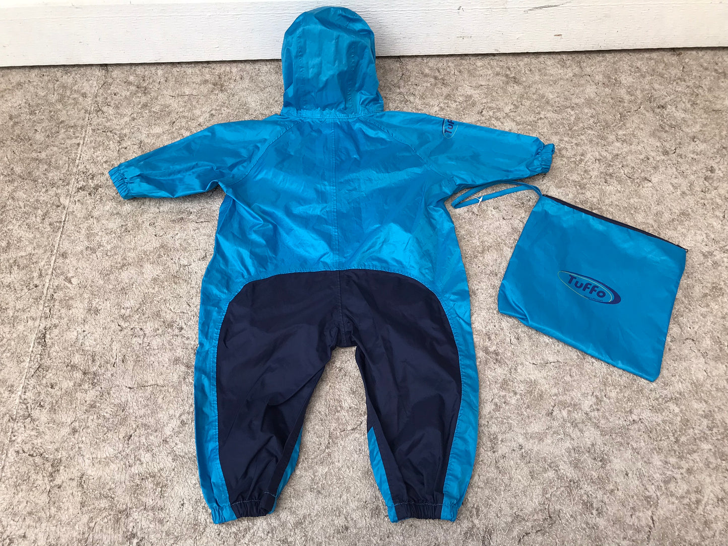 Rain Suit Child Size 18 Month Muddy Buddy Tuffo Pants Coat Blue and Black With Bag Excellent