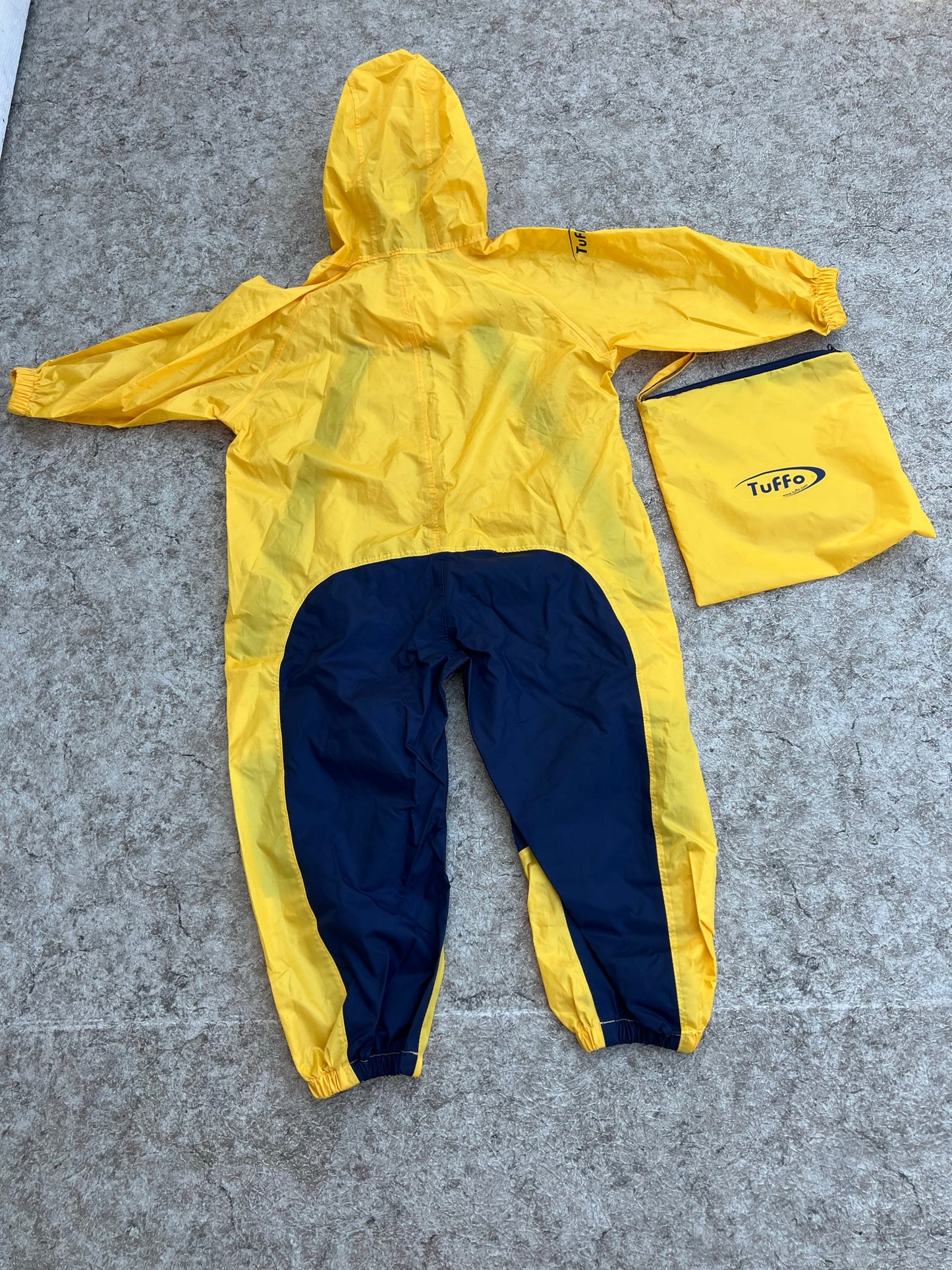 Rain Suit Child Size 5 Muddy Buddy Tuffo Pants Coat Yellow and Marine Blue NEW Never Used With Bag