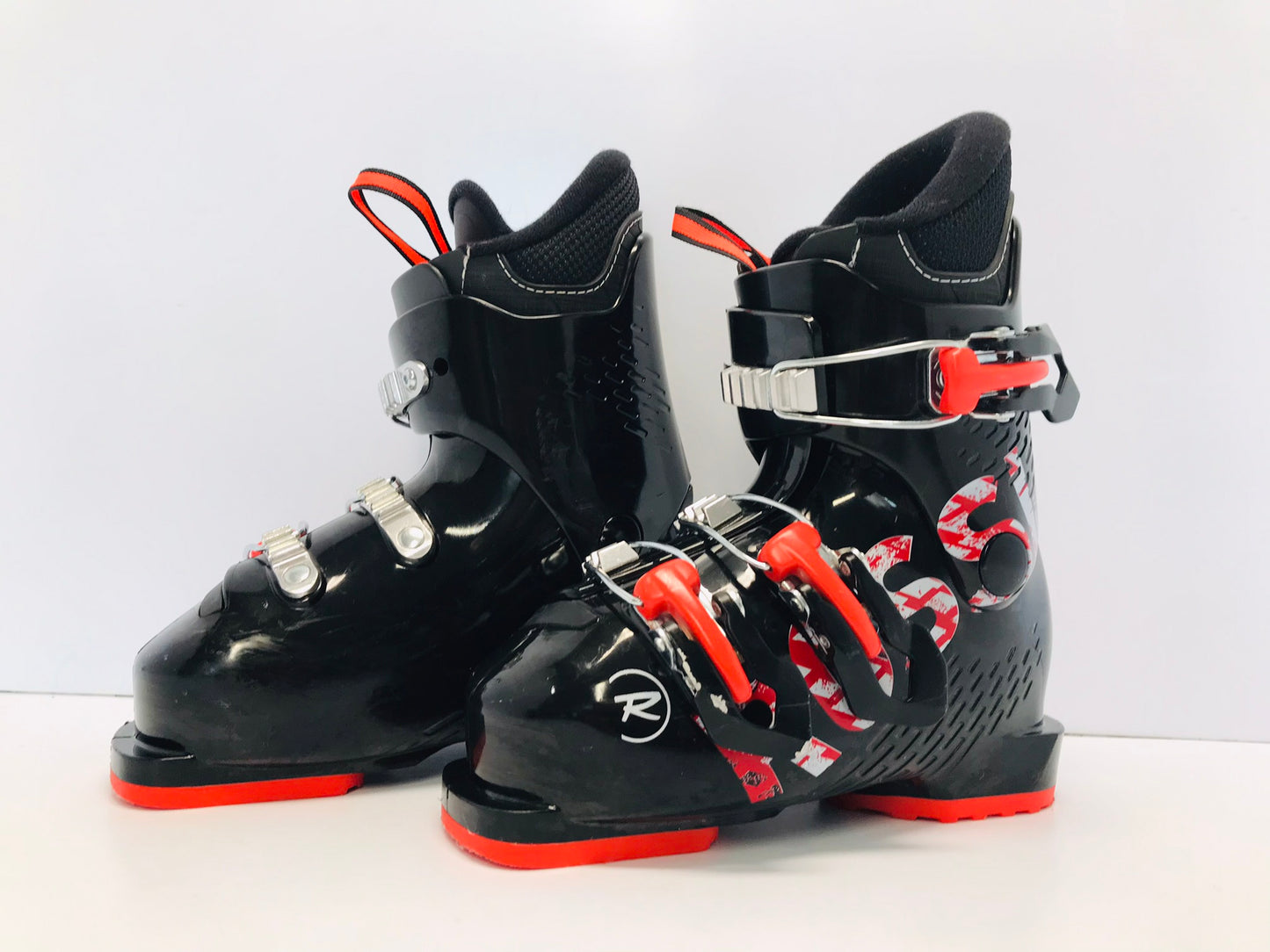 Ski Boots Mondo Size 18.5 Child Size 12.5 225 mm Rossignol JR 3 Black Tangerine Like New