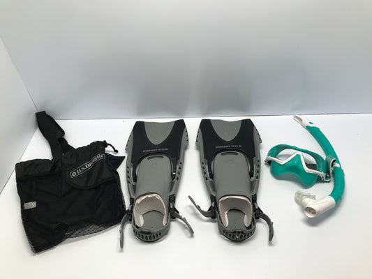 Snorkel Dive Fins Set Ladies Size 5-9.5 Black Grey Teal