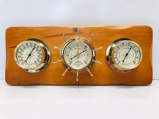 Wall Weater Station Wood Base 16x6 inches Barometer Thermometer Humidity Complete With Lock and Key