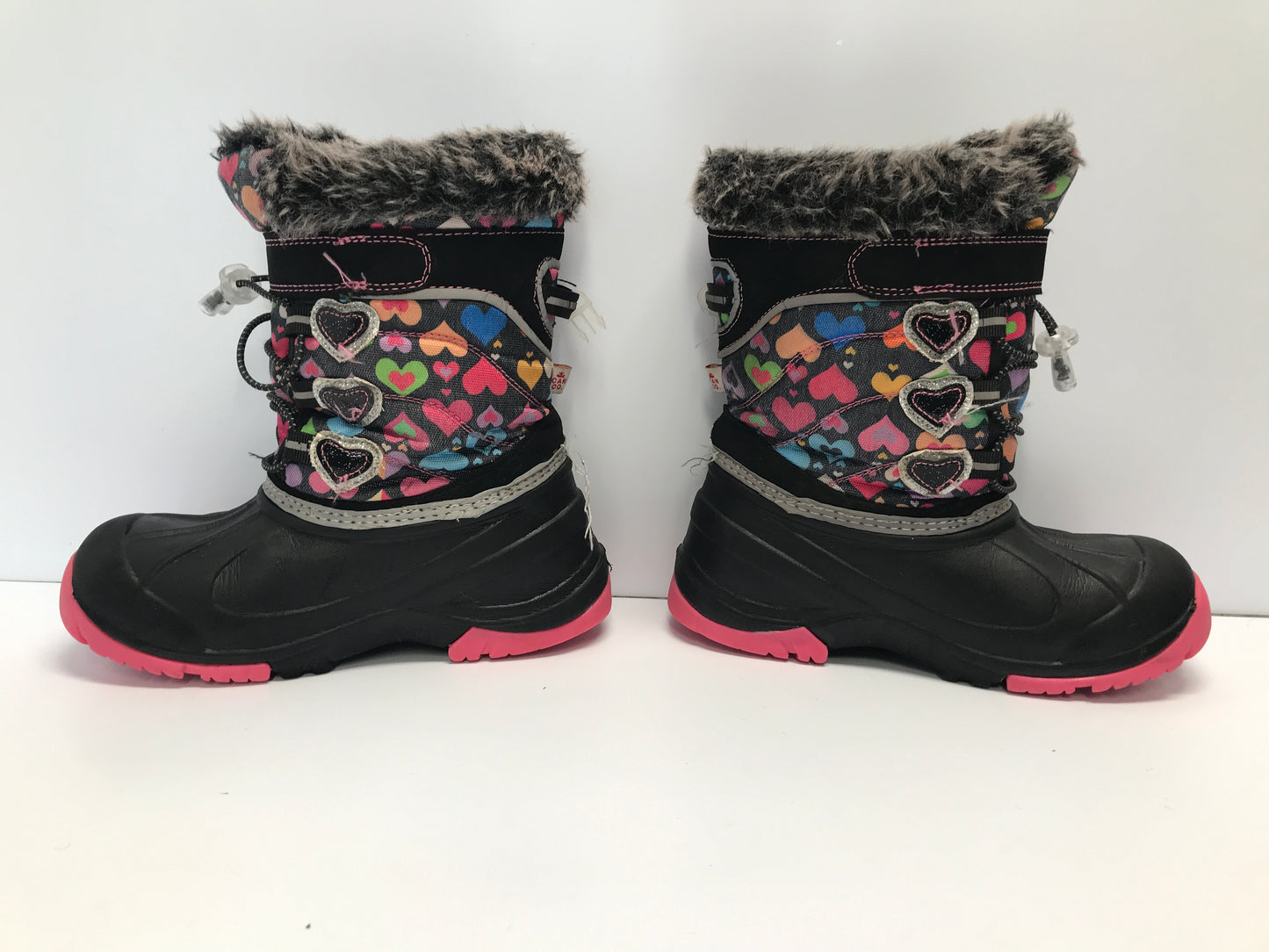 Winter Boots Child Size 1 Hot Paws Waterproof Black Pink With Hearts Faux Fur With Excellent