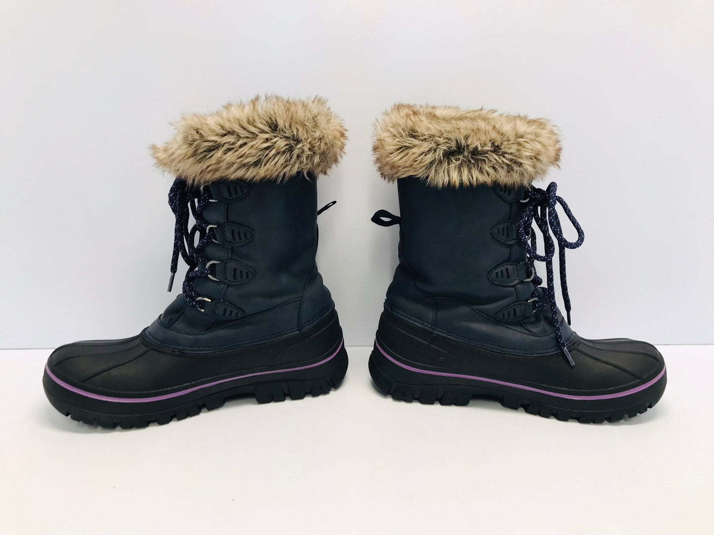 Winter Boots Ladies Size 6 Joe Faux Fur Denim Blue Purple Rubber Soles Like New
