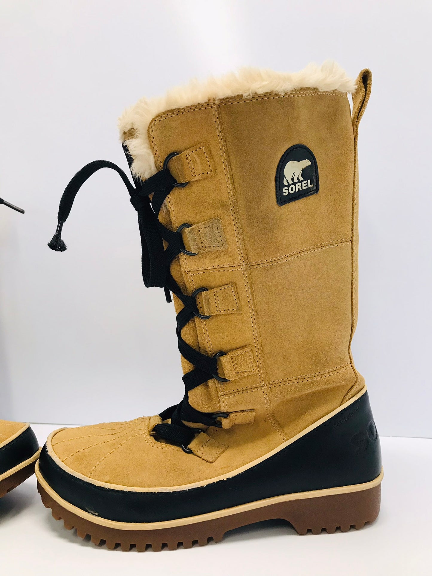 Winter Boots Ladies Size 6 Sorel Tivoli 100% Leather Faux Fur Waterproof Rubber Soles Like New