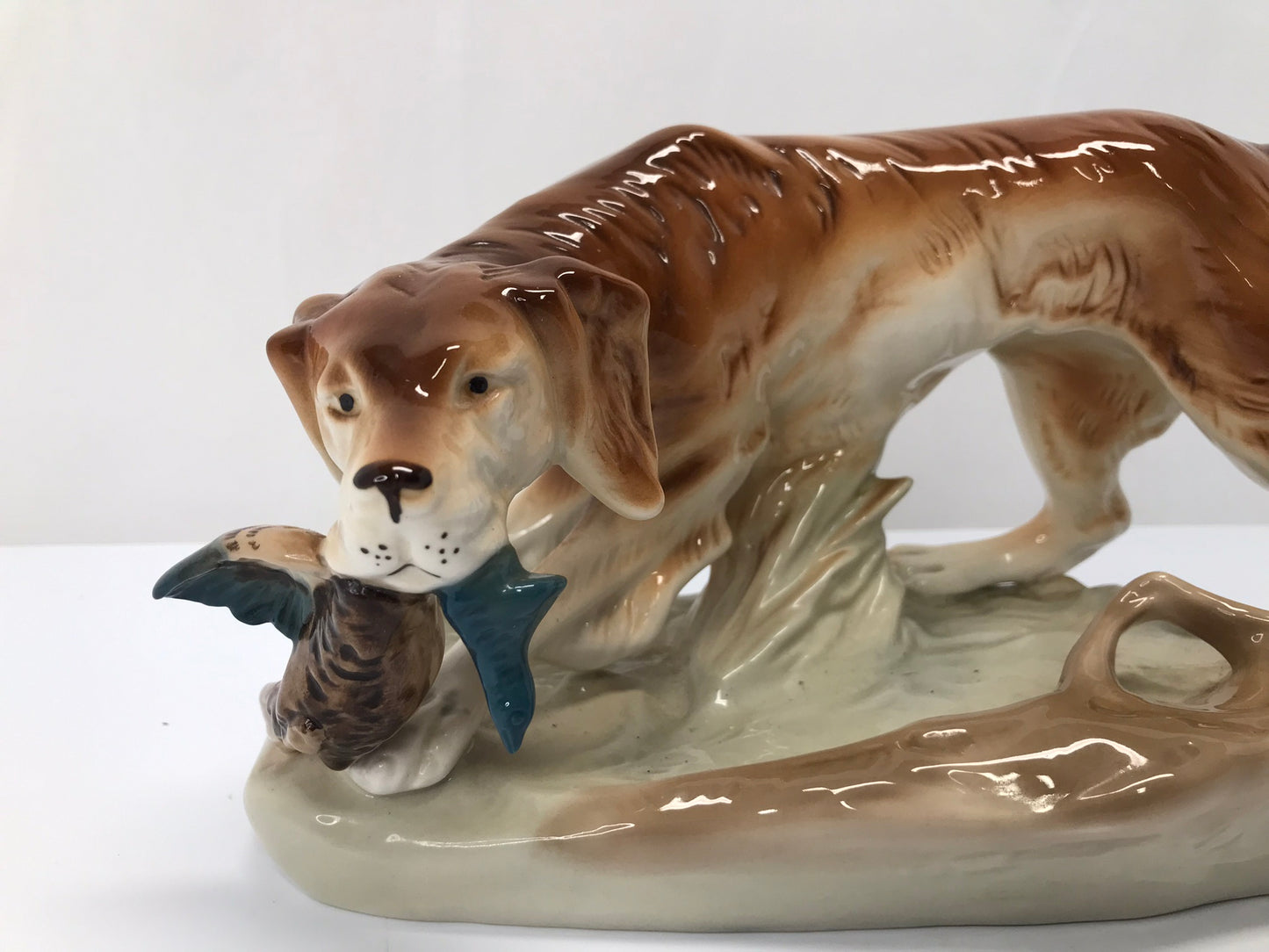 Antique Mid Century Royal Dux Irish Setter Dog Hunting Duck Pheasant Figure Large 15x7 Excellent Condition Very RARE