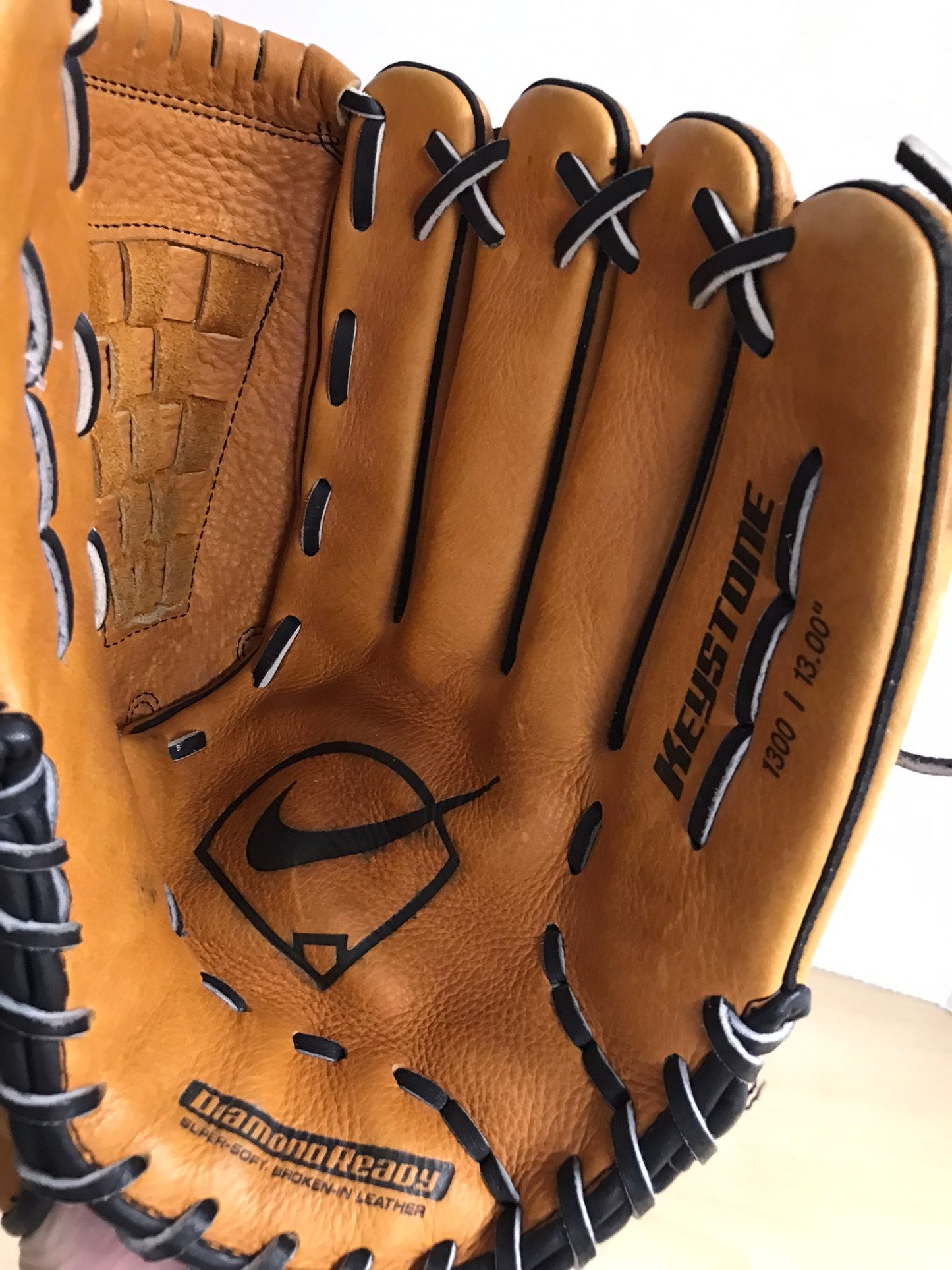 Baseball Glove Adult Size 13 inch Nike Tan Black Leather Fits on Left Hand As New