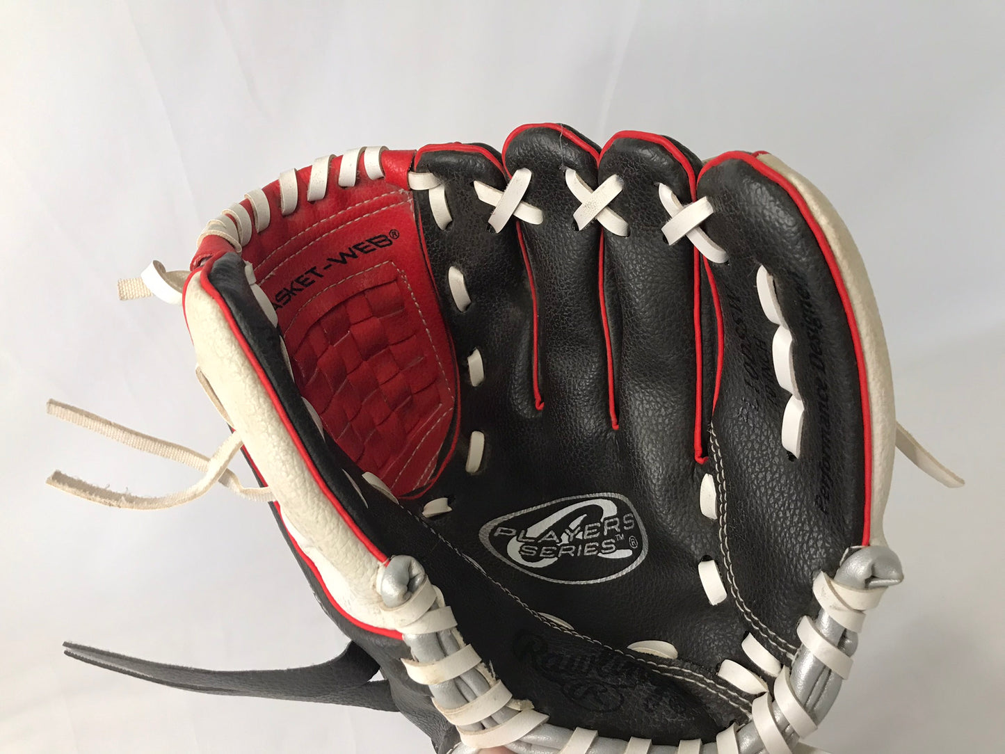 Baseball Glove Child Size 10 inch Rawlings Red Grey Faux Leather Fits On Left Hand