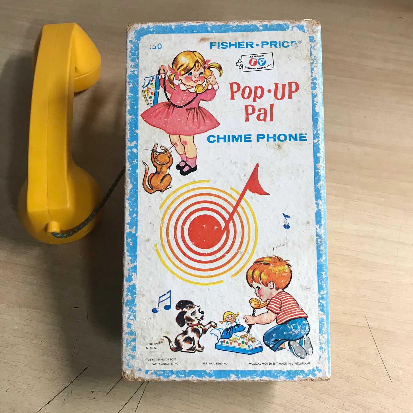 Fisher Price Vintage 1968 Pop Up Pal Chime Phone Wood Plastic RARE