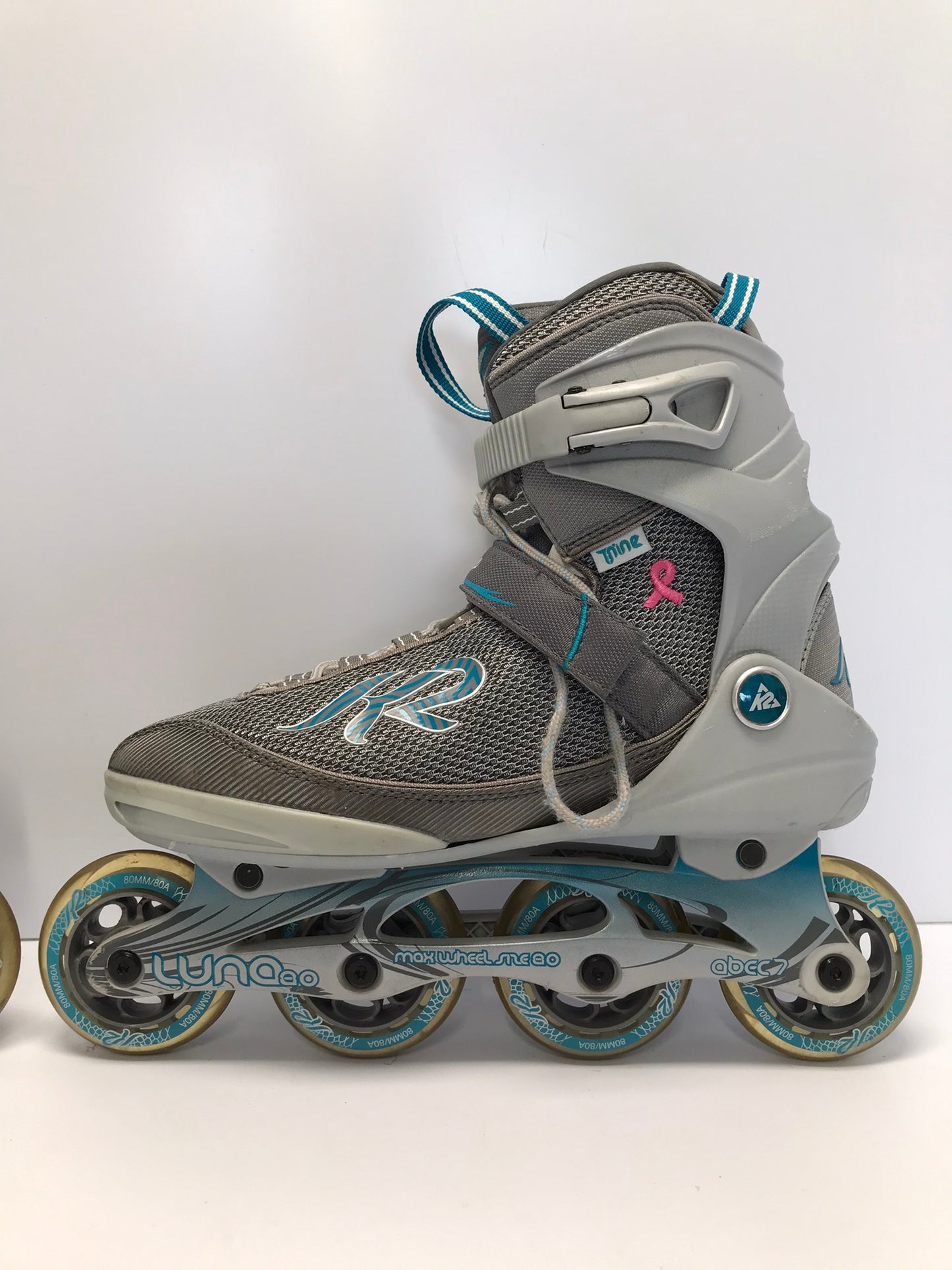 Inline Roller Skates Ladies Size 10 K-2 Grey Teal With Rubber Wheels New Demo Model