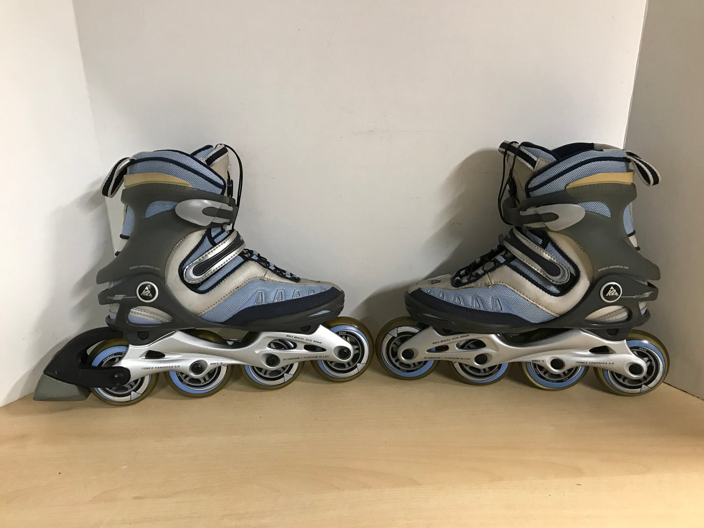 Inline Roller Skates Ladies Size 6 K-2 Blue Grey Rubber Wheels
