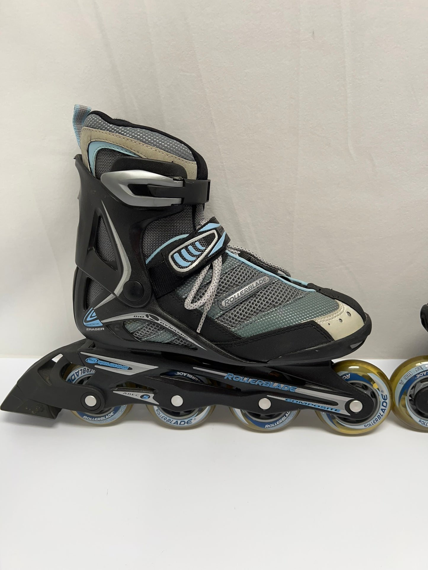Inline Roller Skates Ladies Size 7 Shoe Size Rollerblade Black Blue New Demo Model Rubber Wheels