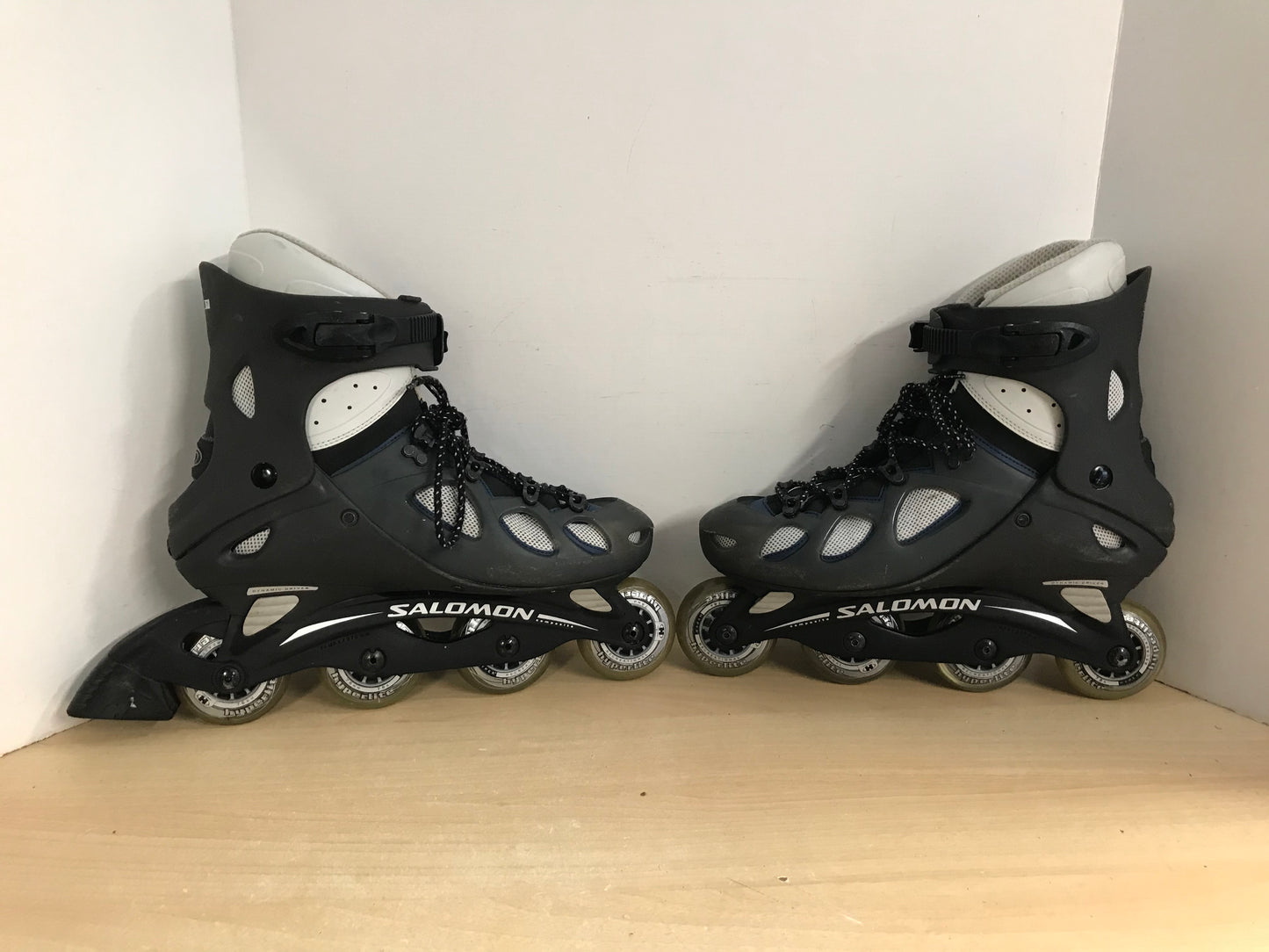 Inline Roller Skates Men's Size 12 Salomon Black Grey Blue Excellent Rubber Wheels