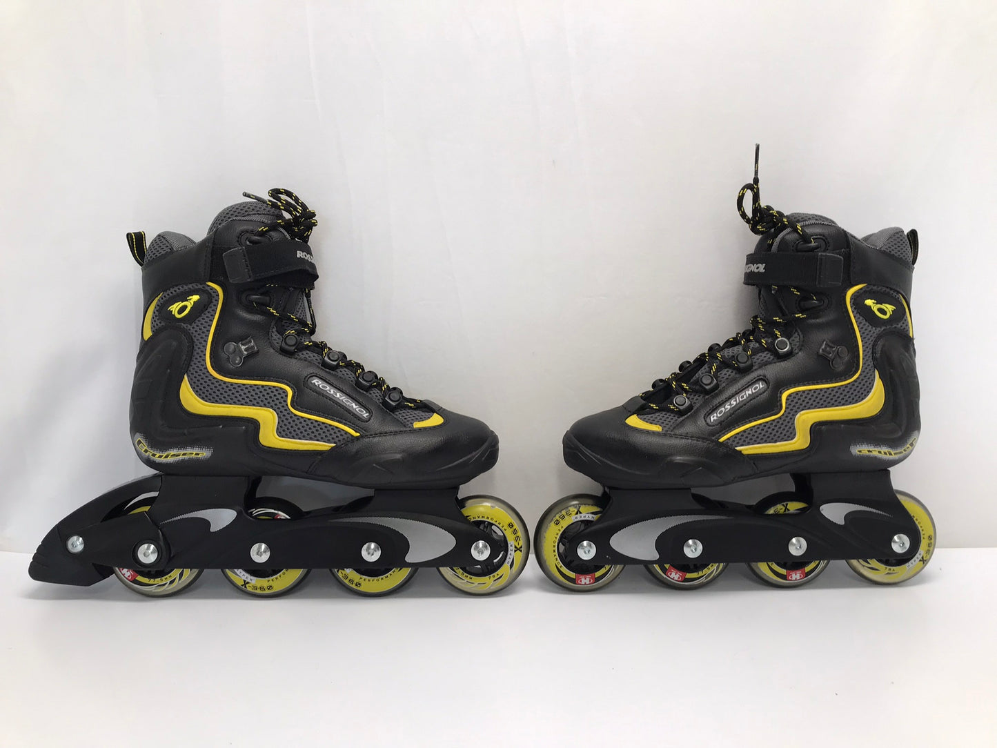 Inline Roller Skates Men's Size 7 Ladies Size 8 Rossignol With Rubber Wheels Black Gold New Demo Model