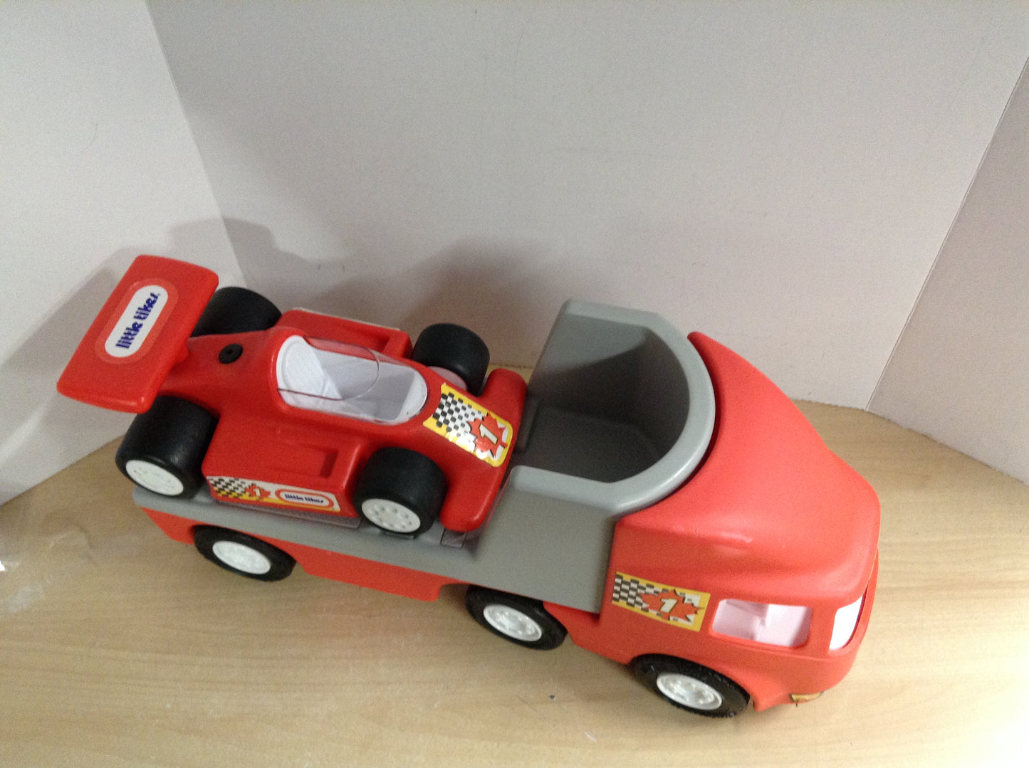 LITTLE TIKES RACE CAR TRACTOR TRAILER, 3 PIECE TOY TRUCK SET RED VINTAGE 1990 RARE