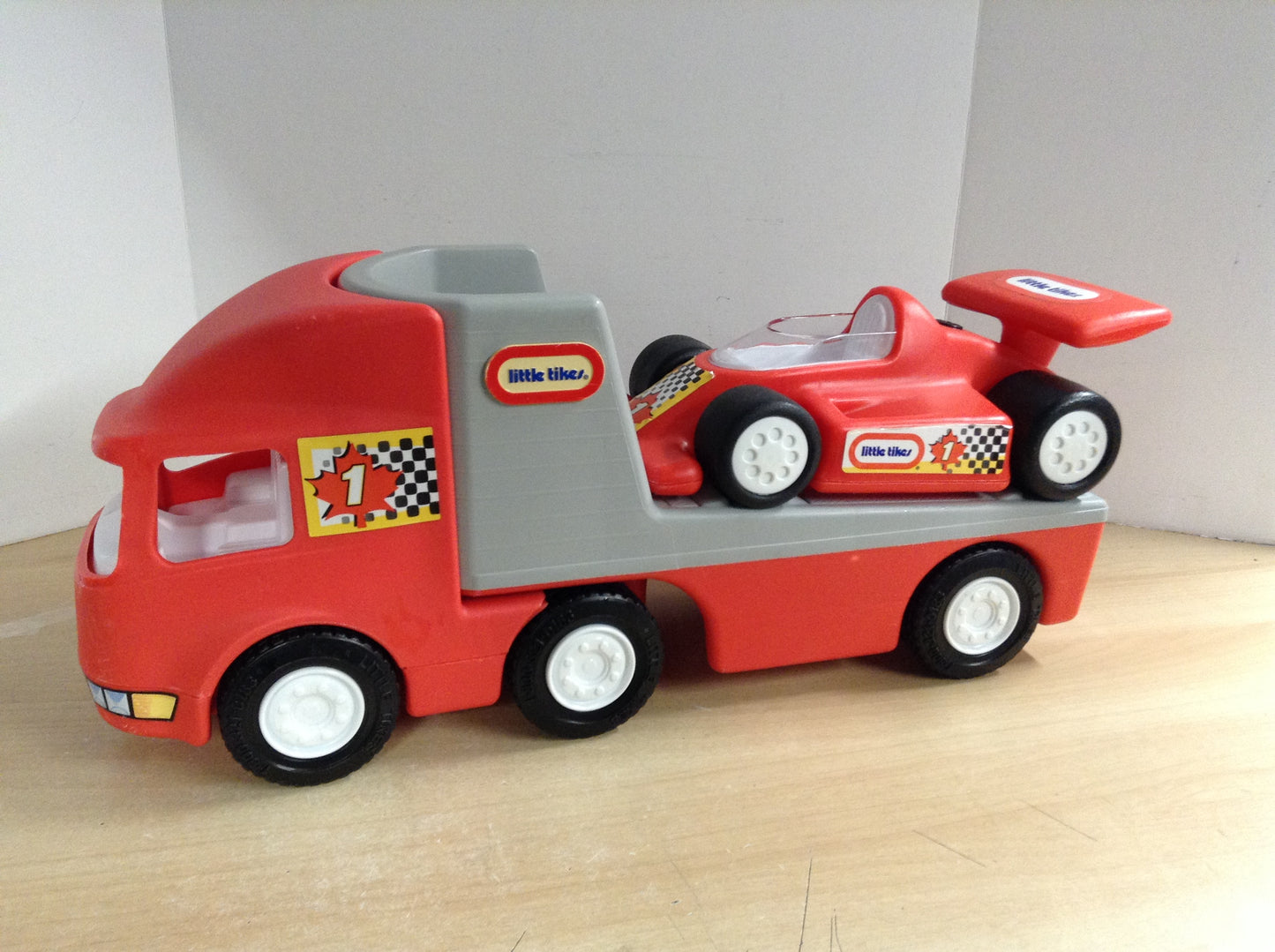 LITTLE TIKES RACE CAR TRACTOR TRAILER, 3 PIECE TOY TRUCK SET RED VINTAGE 1990 RARE