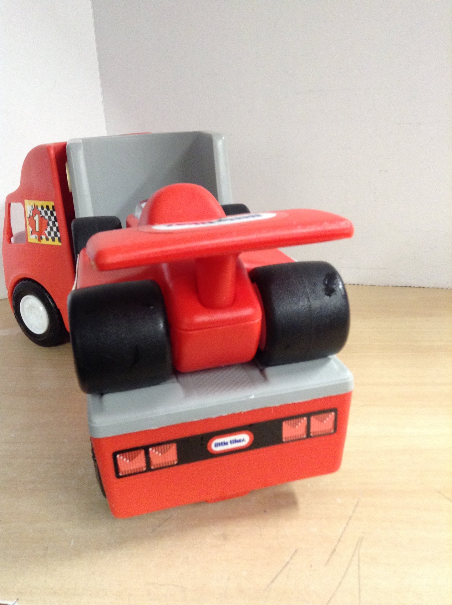LITTLE TIKES RACE CAR TRACTOR TRAILER, 3 PIECE TOY TRUCK SET RED VINTAGE 1990 RARE