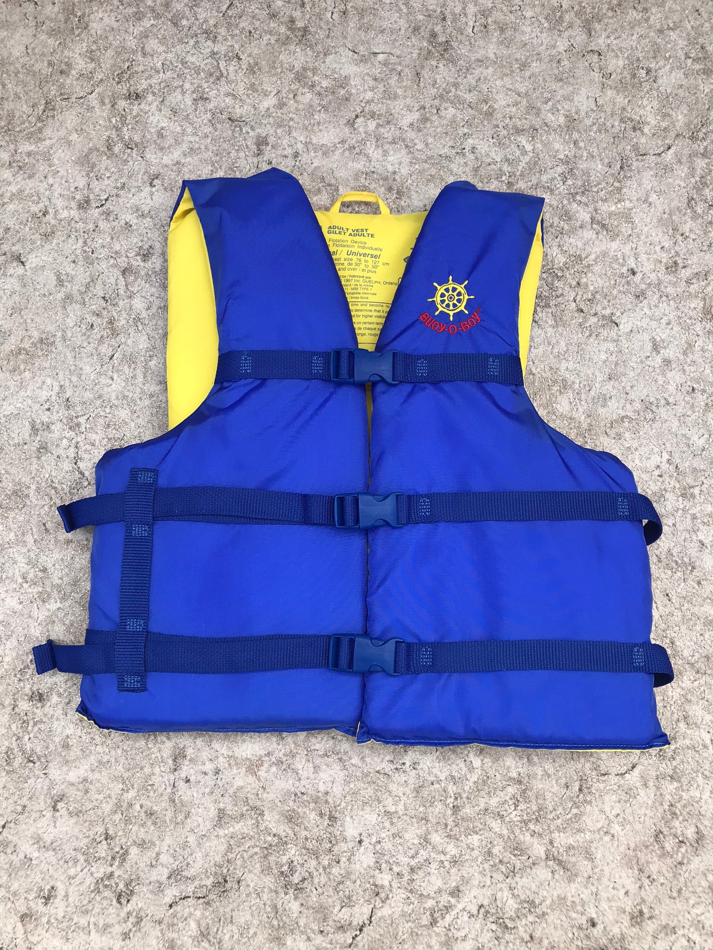 Life Jacket Adult Size 90-200 lb Universal Adjustable Buoy o Boy Blue Yellow