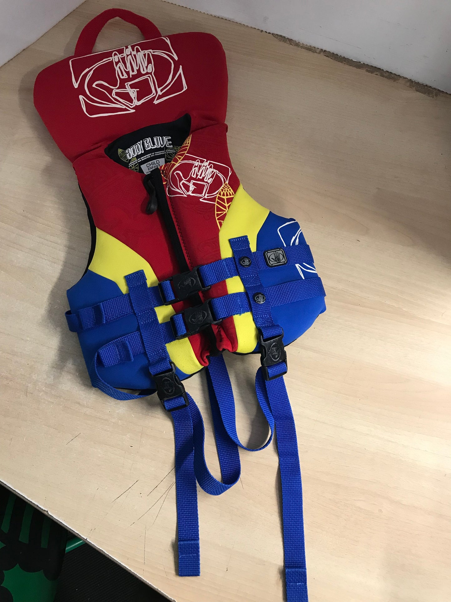 Life Jacket Child Size 30-60 lb Body Glove Neoprene Yellow Blue Red Excellent PT 3440