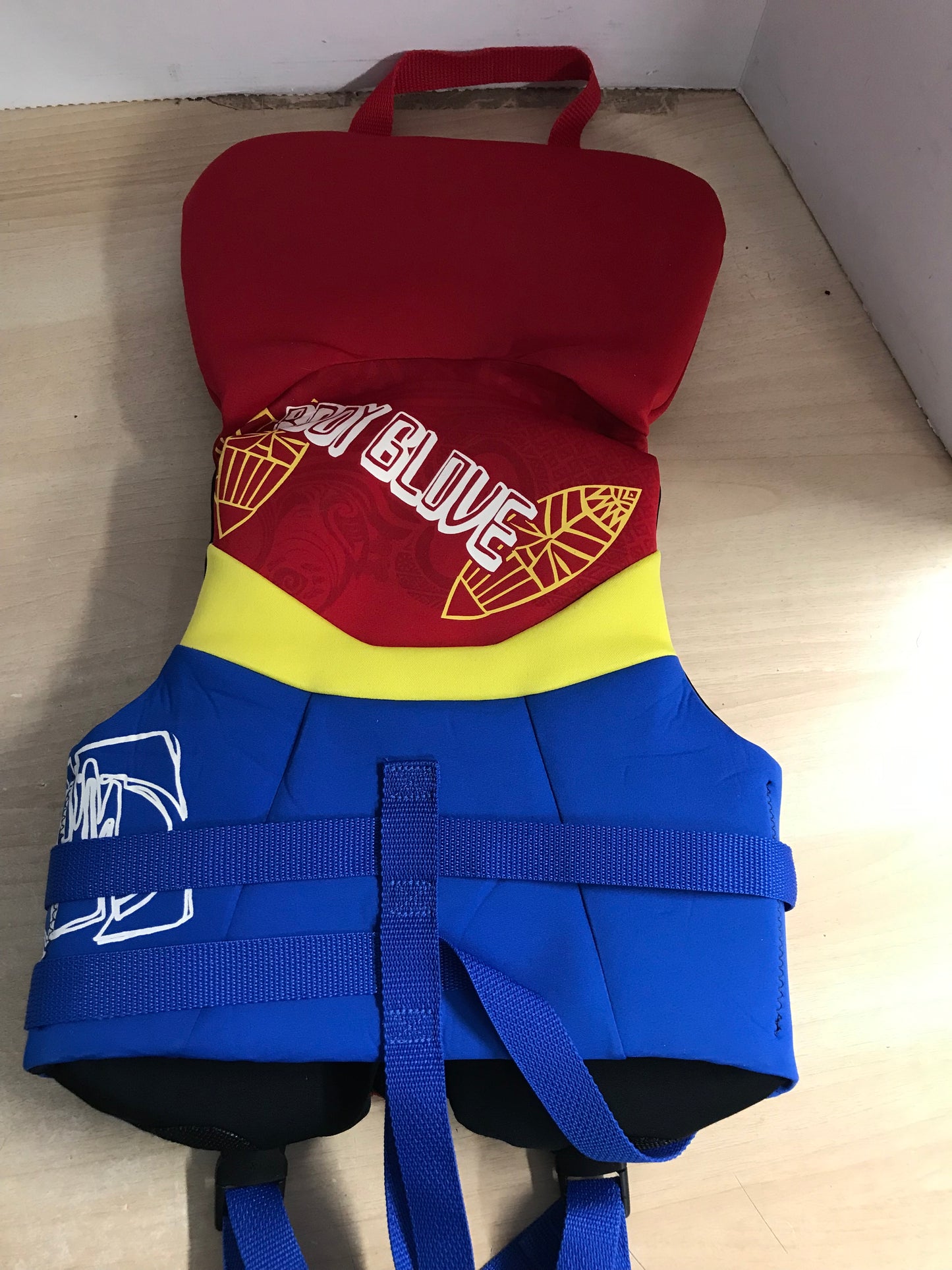 Life Jacket Child Size 30-60 lb Body Glove Neoprene Yellow Blue Red Excellent PT 3440