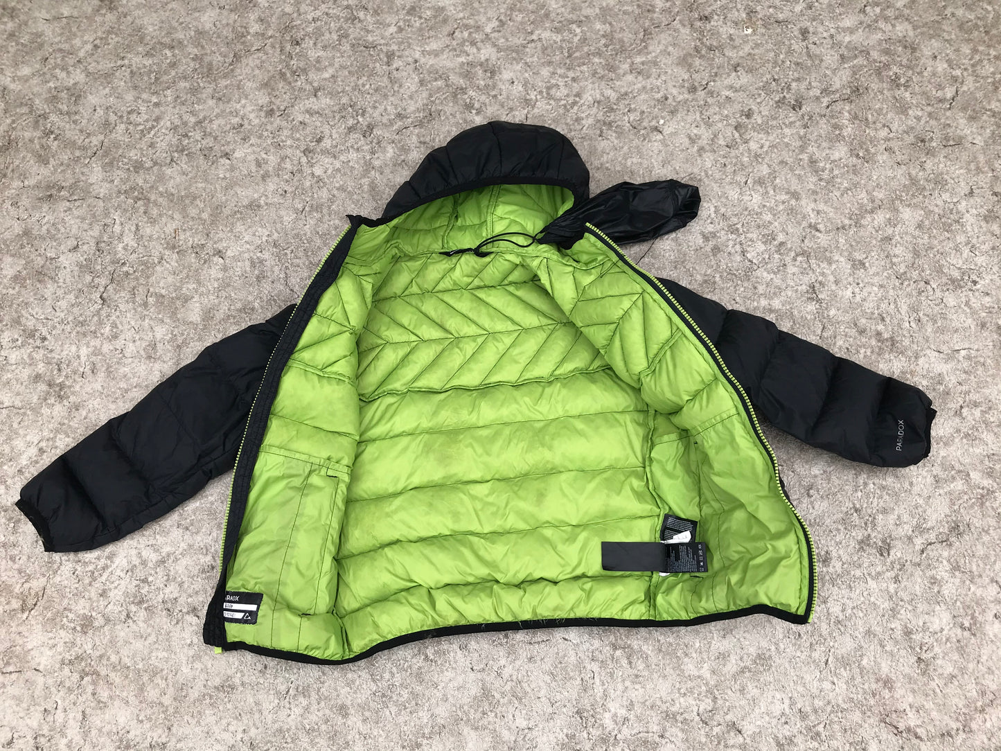 Light Coat Child Size 7-8 Paradox Down Like Filling Black and Lime With Pack Bag Attached Excellent