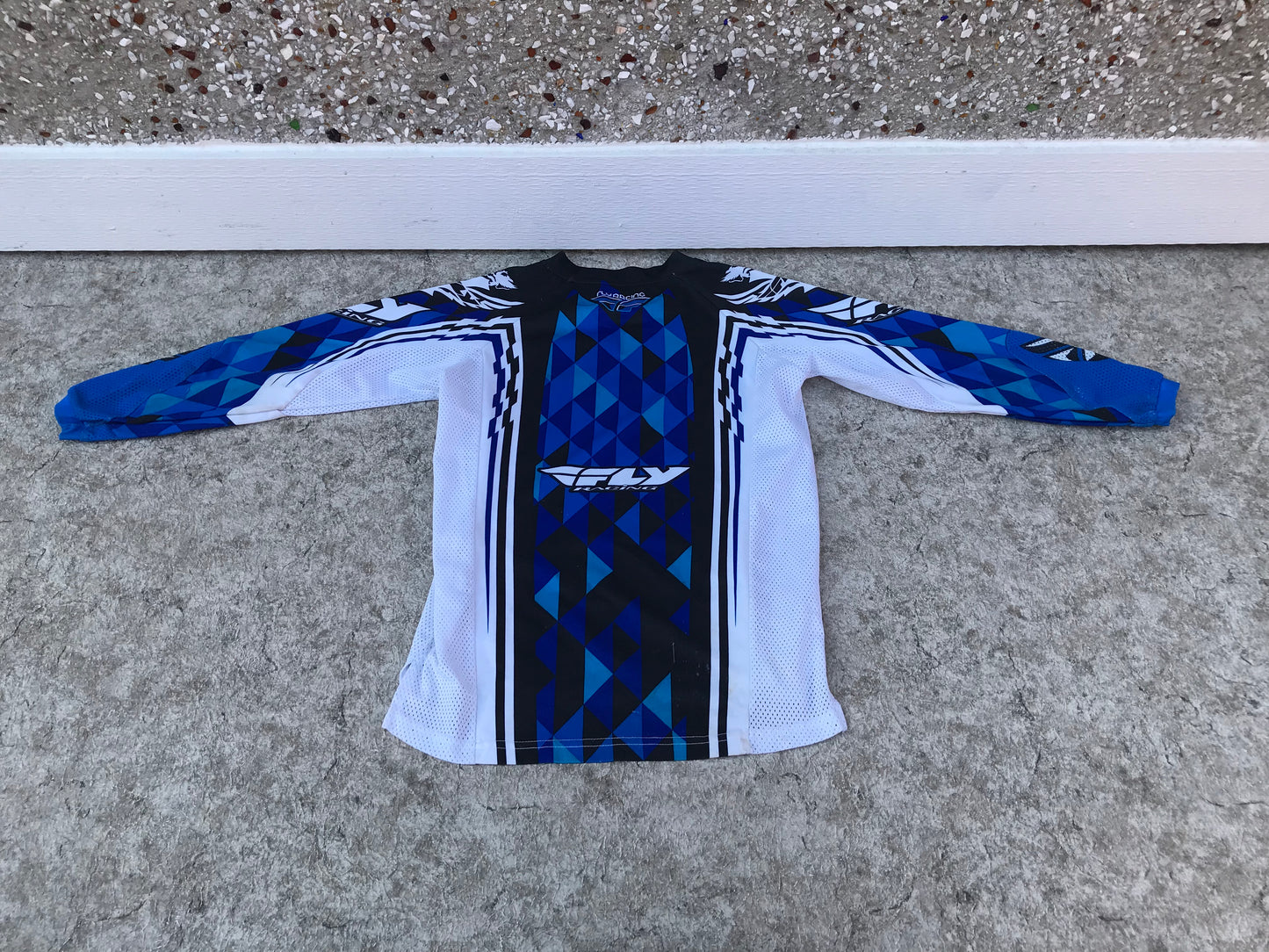 Motocross BMX Dirt Bike Child Size Large 10-12 Fly Racing Jersey White Blue Few Marks