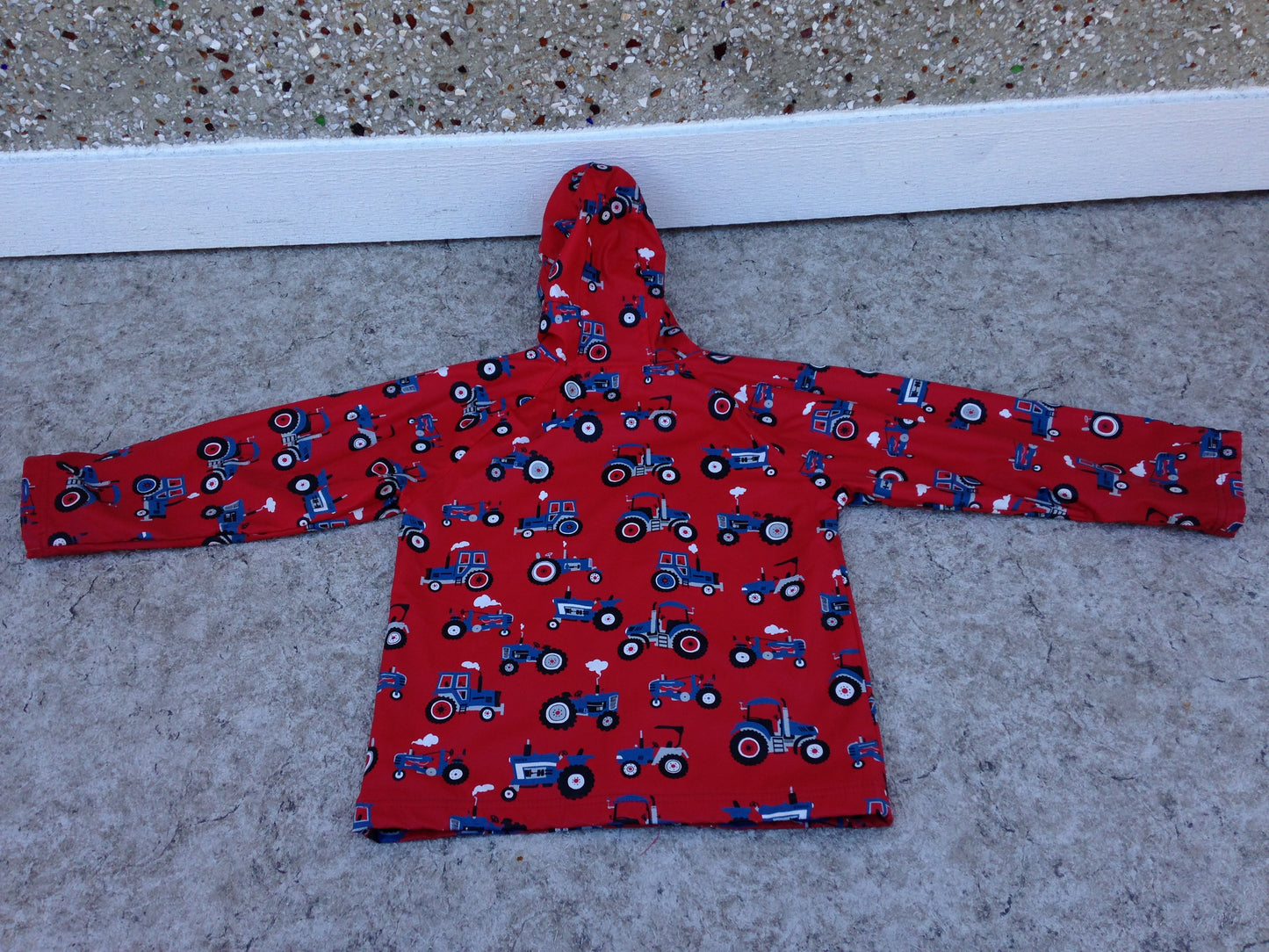 Rain Coat Child Size 8 Hatley Red Blue Tractors Waterproof Excellent Bottom Snap Broken