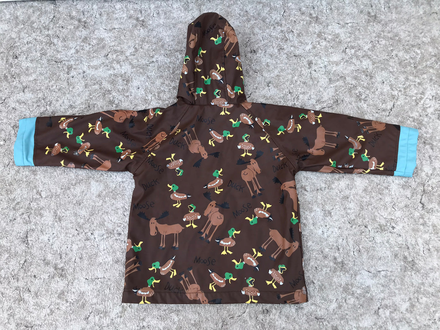 Rain Coat Child Size 3 Lazy Bones Brown Blue Moose and Ducks Waterproof Excellent